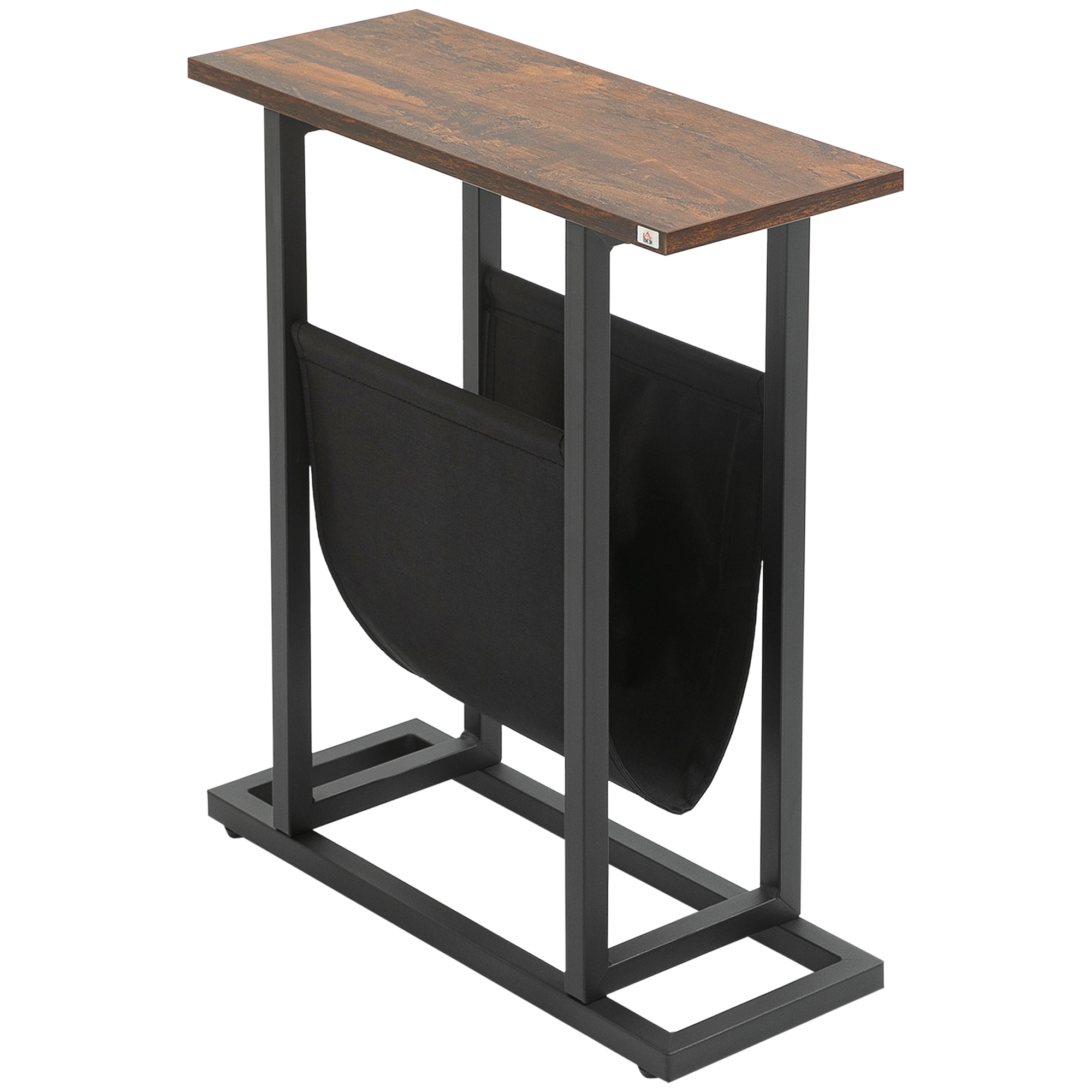 Beistelltisch, Nachttisch, schmales Design, mit Stofftasche, Stahl, dunkelbraun+schwarz, 49 x 19 x 55cm