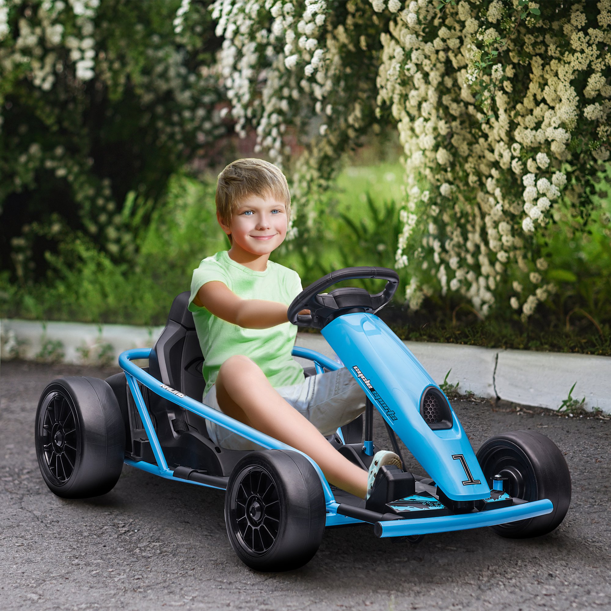 Elektro-Gokart für Kinder, Drift-Funktion, Hupe, Musik, Sicherheitsgurt, Soft-Start, Blau/Schwarz