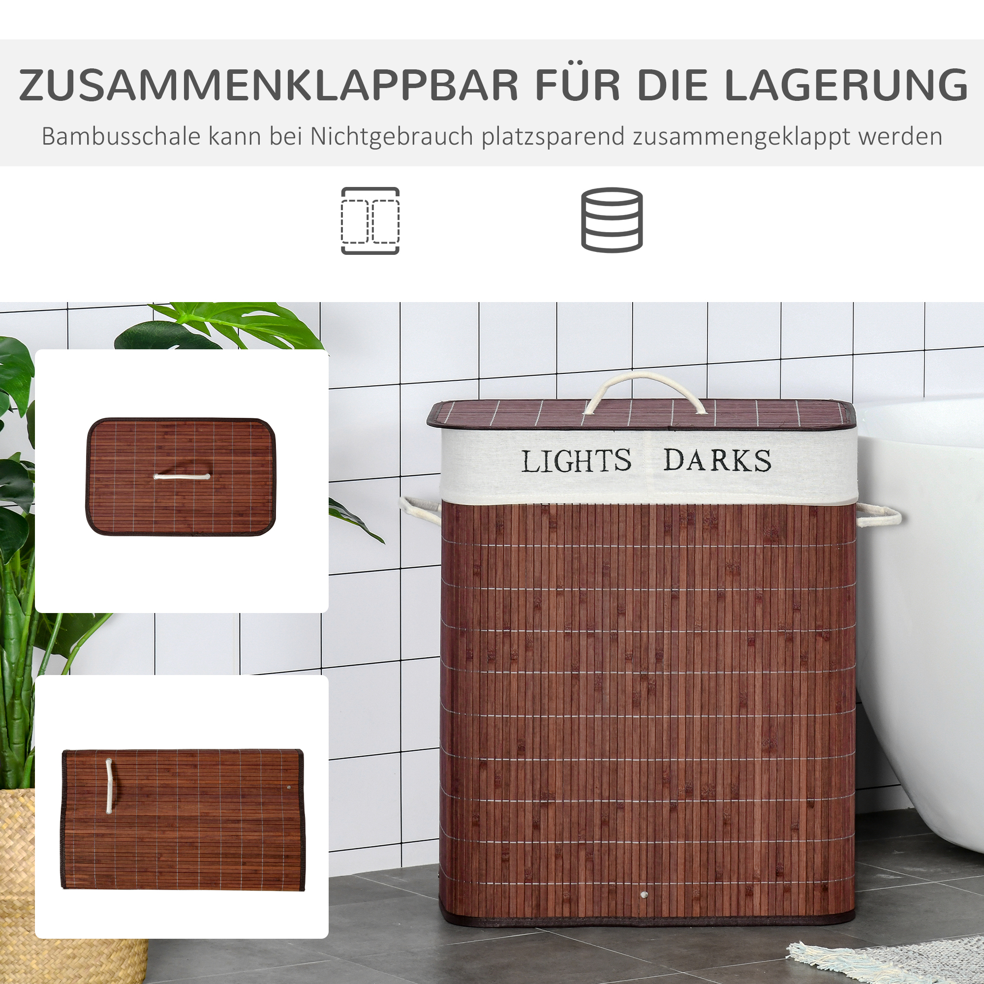 Bambus Wäschekorb schmal mit Deckel 100L Wäschesammler mit Griffen, 2 herausnehmbarer Wäschesack, Laundry Baskets Wäschebox für Waschküche, Schlafzimmer, Badezimmer Braun
