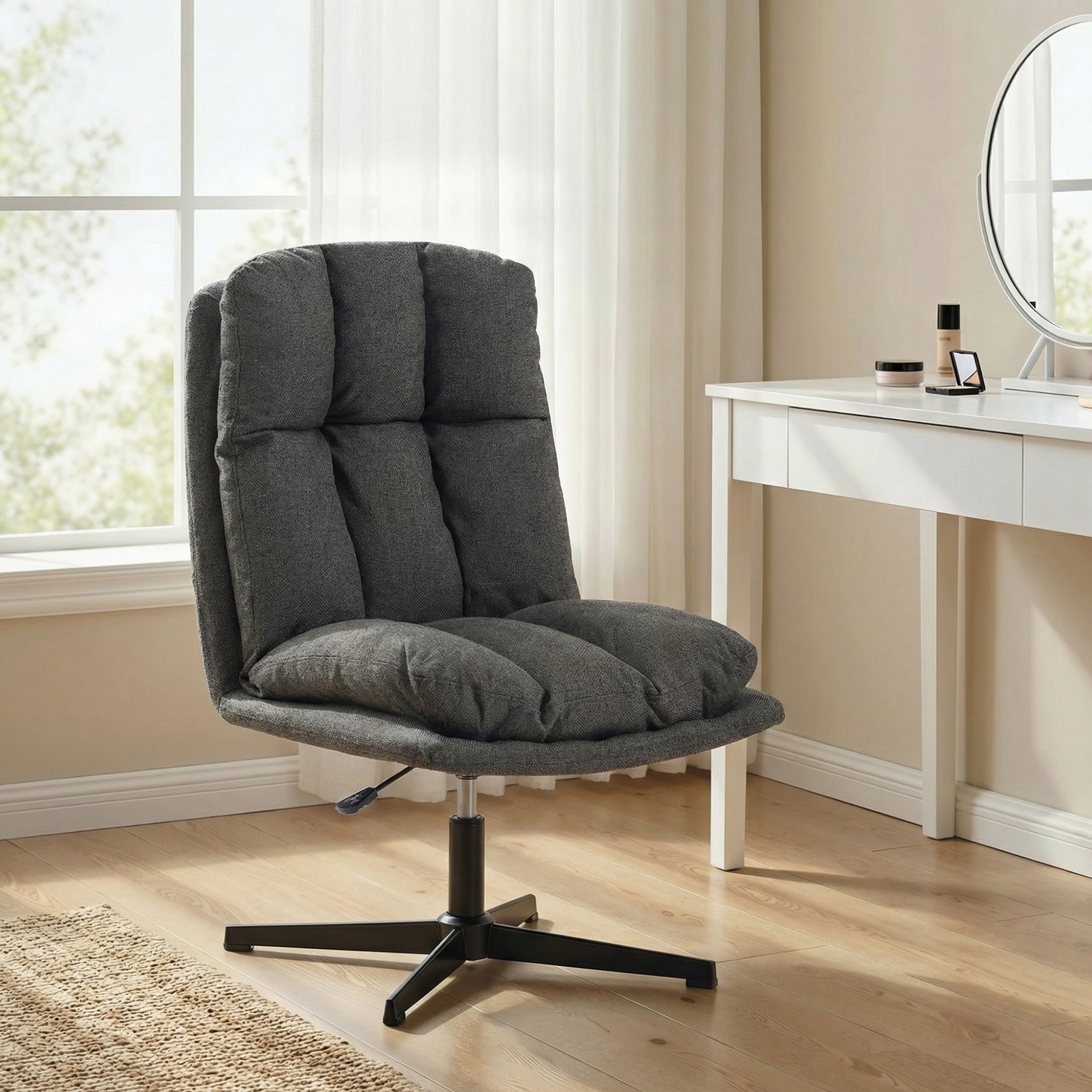 Drehbarer Akzentstuhl, Lesesessel aus Stoff in Leinenoptik ohne Armlehnen mit breitem Sitz und Metallbeinen, Dunkelgrau