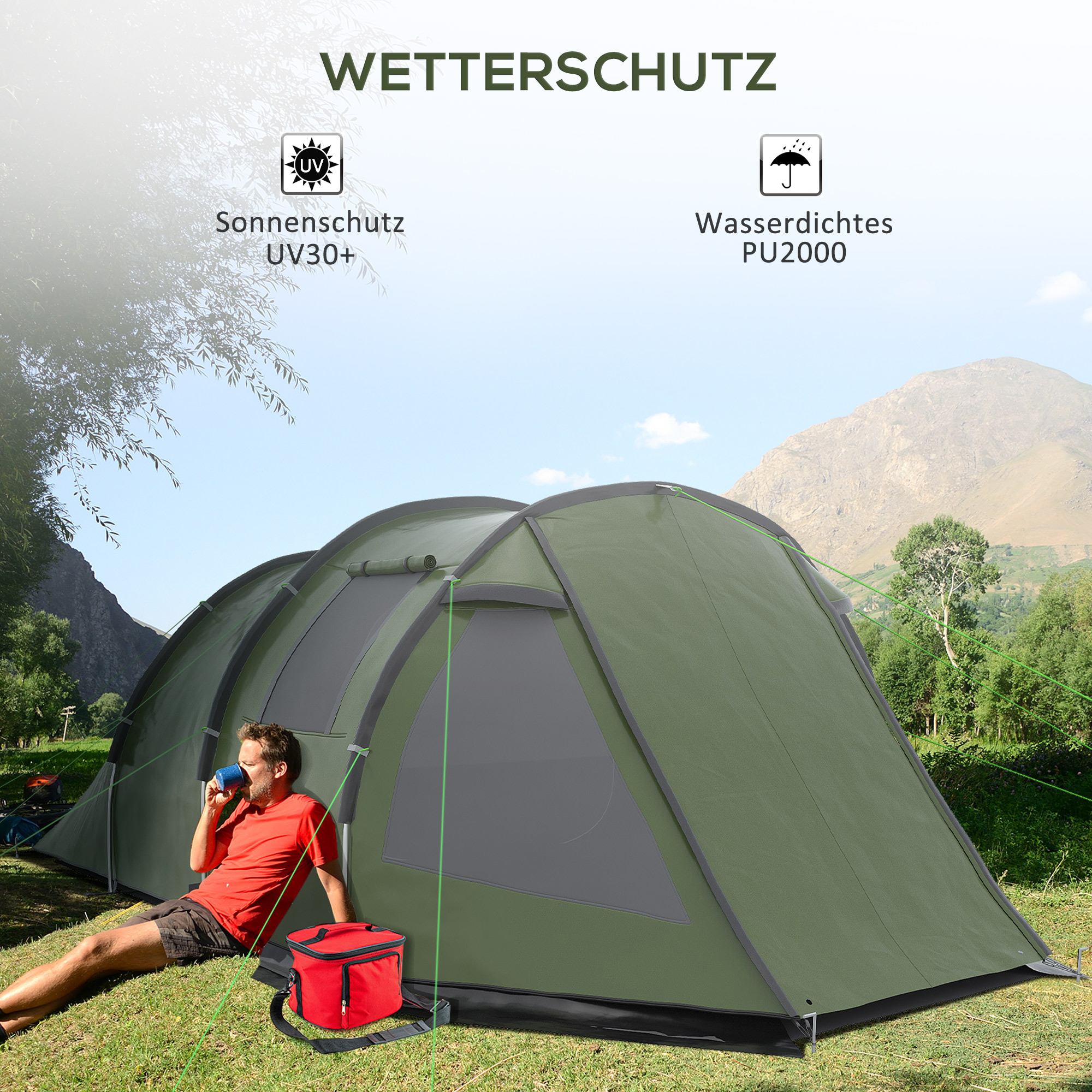 Campingzelt für 3-4 Personen, zwei Innenräume, Netzfenster, grün, 4,75 x 2,64 x 1,72 m