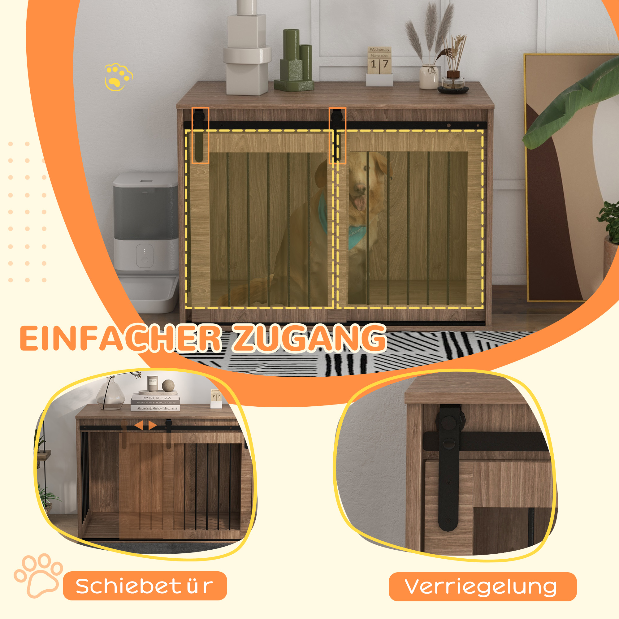 Hundebox Hundekäfig, Verriegelbar, Holzoptik, rustikales Design, 98 cm x 58 cm x 61 cm, Walnuss + Schwarz