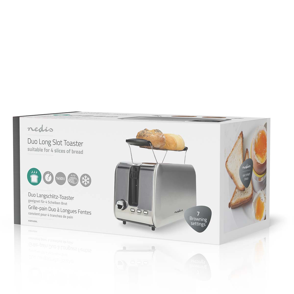 Toaster | 4 Brotscheiben | 2 Lange Schlitze | Bräunungsstufen: 7 | Auftaufunktion | Aluminium / Silber