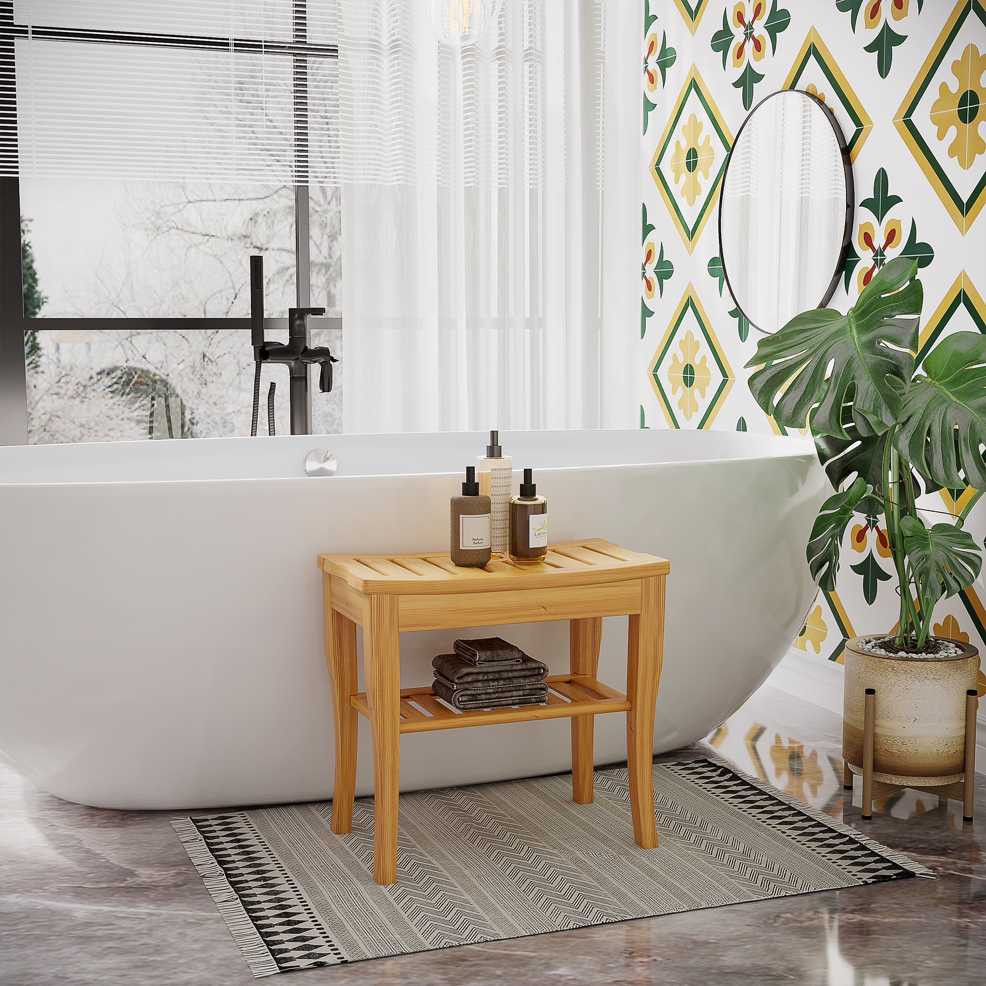 Duschhocker Badhocker mit Ablage Duschsitz Duschstuhl Badstuhl Badregal Bambus 47,5 x 26 x 44,5 cm Natur