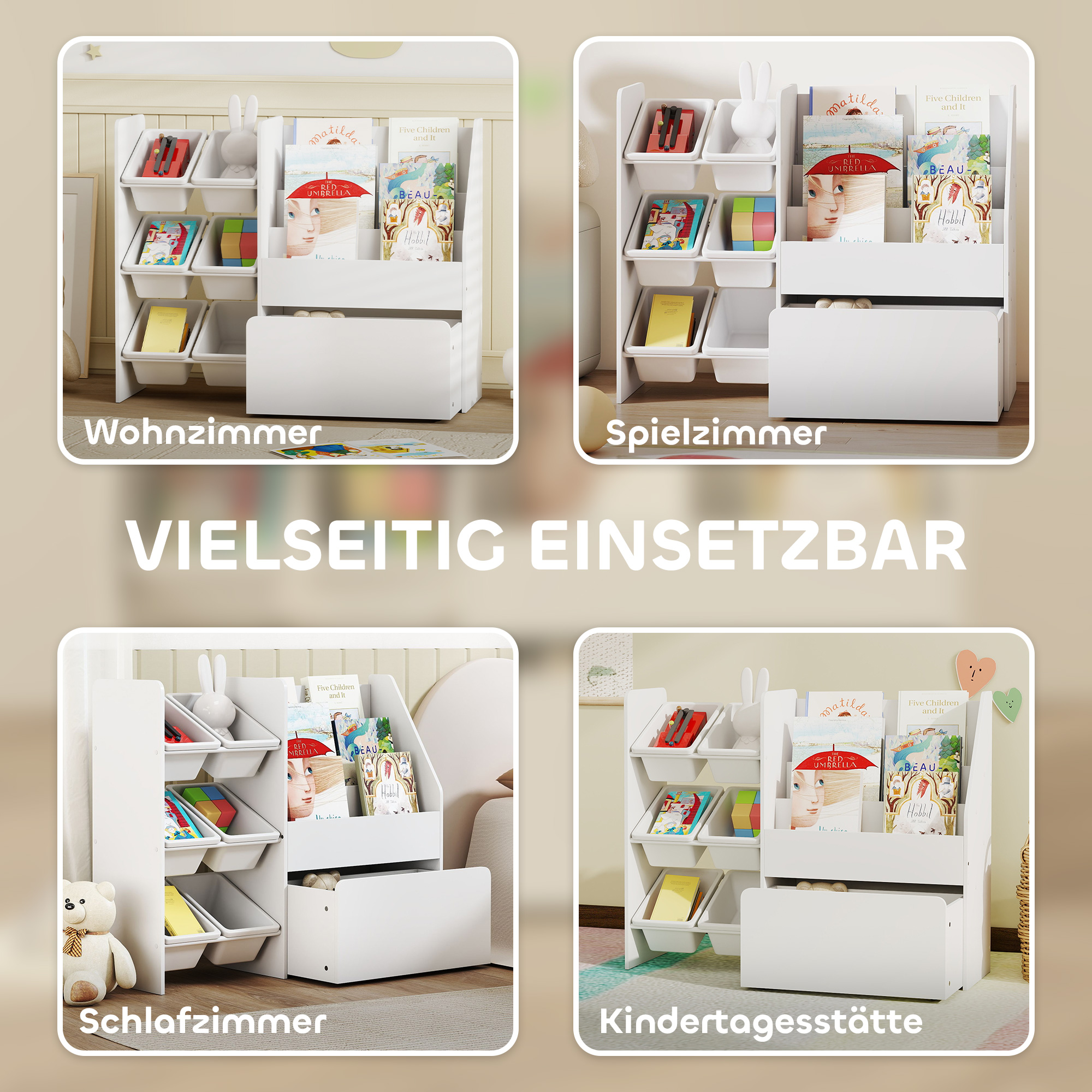 Spielzeugregal, Kinderzimmerregal mit 6 Behälter, Bücherablage, rollbare Box, 100 x 30 x 80 cm, MDF, Stahl, Weiß