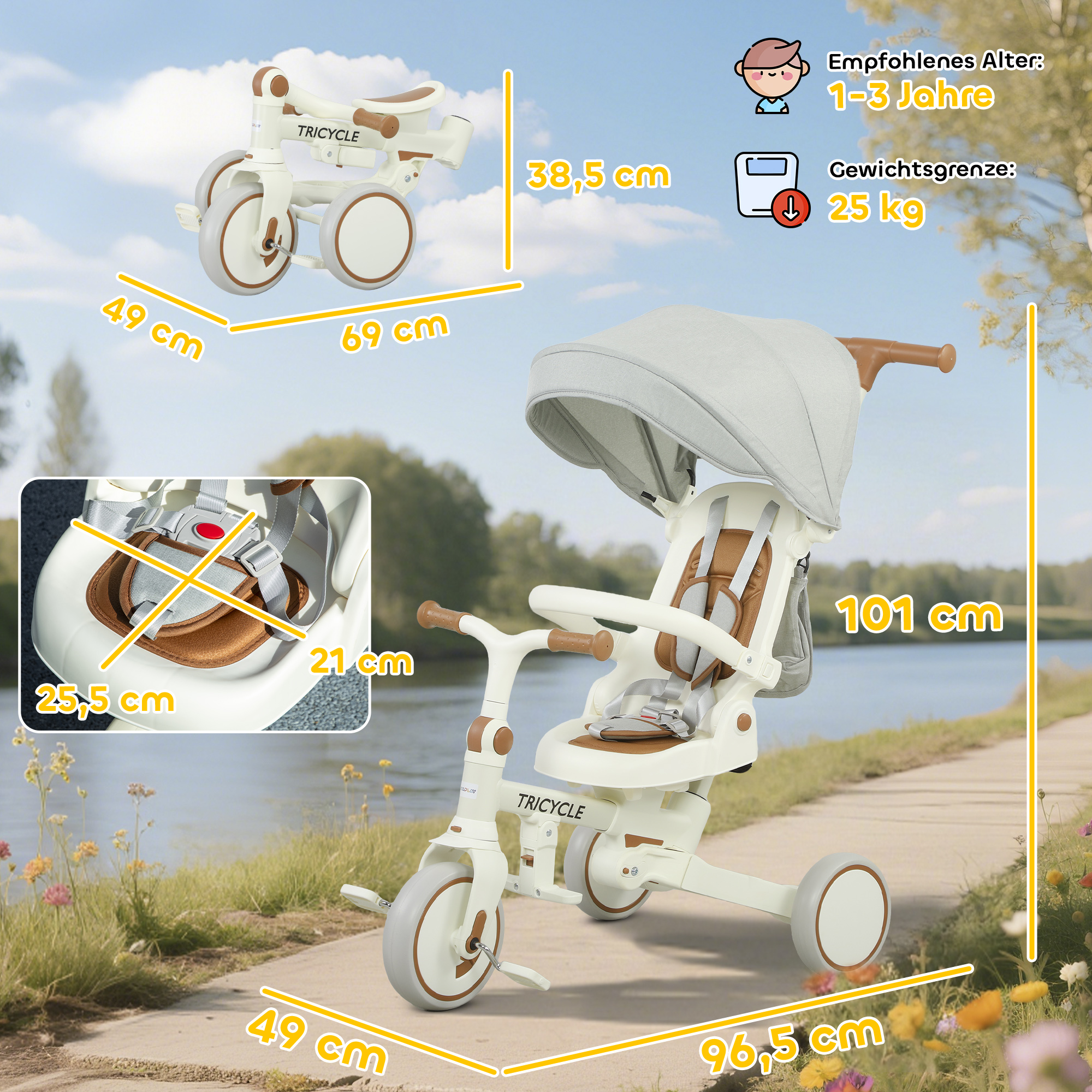 Kinder-Dreirad, wandelbarer Baby-Buggy, 5-in-1 Design, abnehmbarer Schiebegriff, verstellbar, Sicherheitsgurt, Aufbewahrungstasche, 1-3 Jahre, Cremeweiß