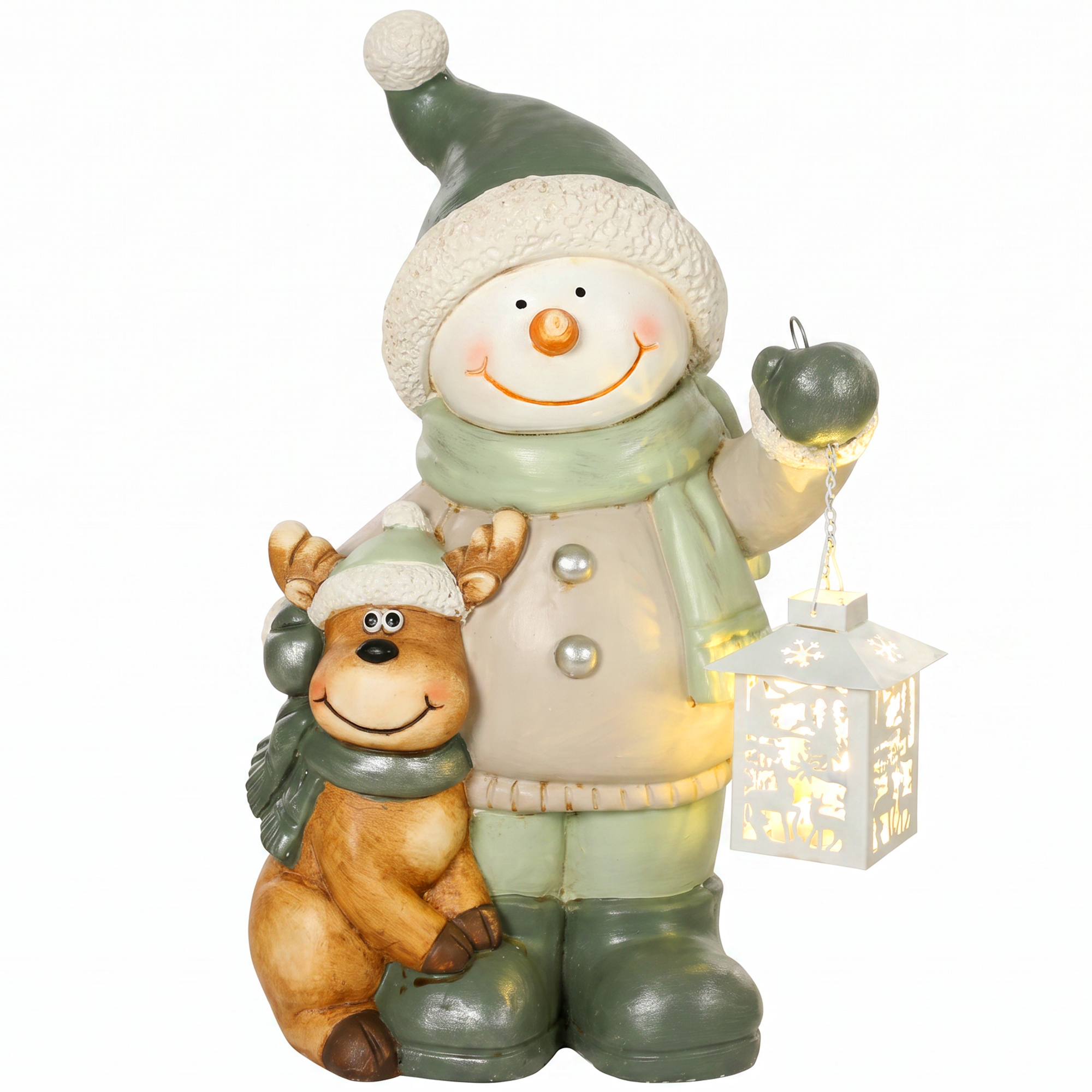 Schneemann-Figur 43 cm aus MGO mit LED-Laterne und Timer, für Eingangsbereich & Türbereich