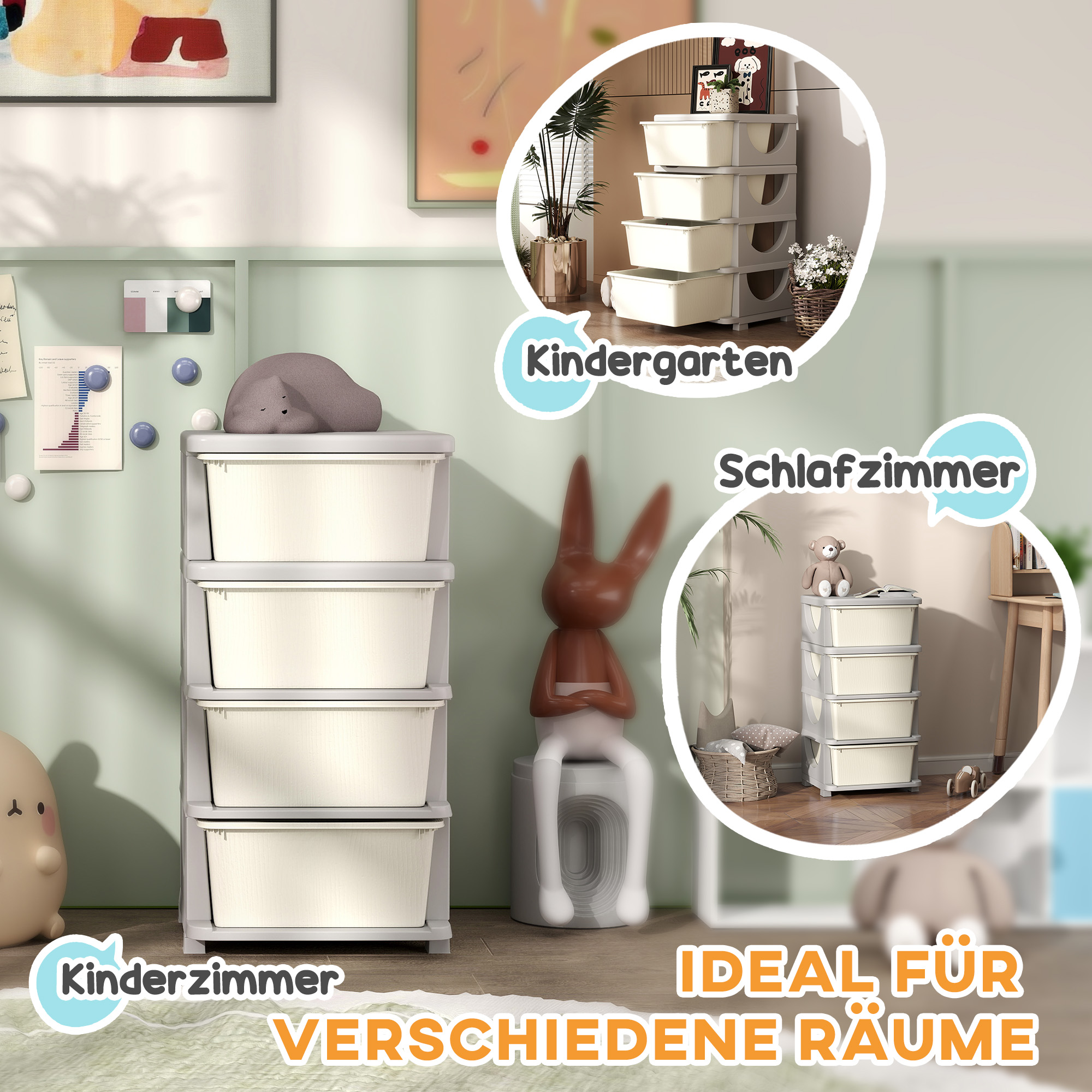 Aufbewahrungsboxen für Kinder, 4 große Schubladen, runde Kanten, Kunststoff, 37x37x76 cm, Cremeweiß