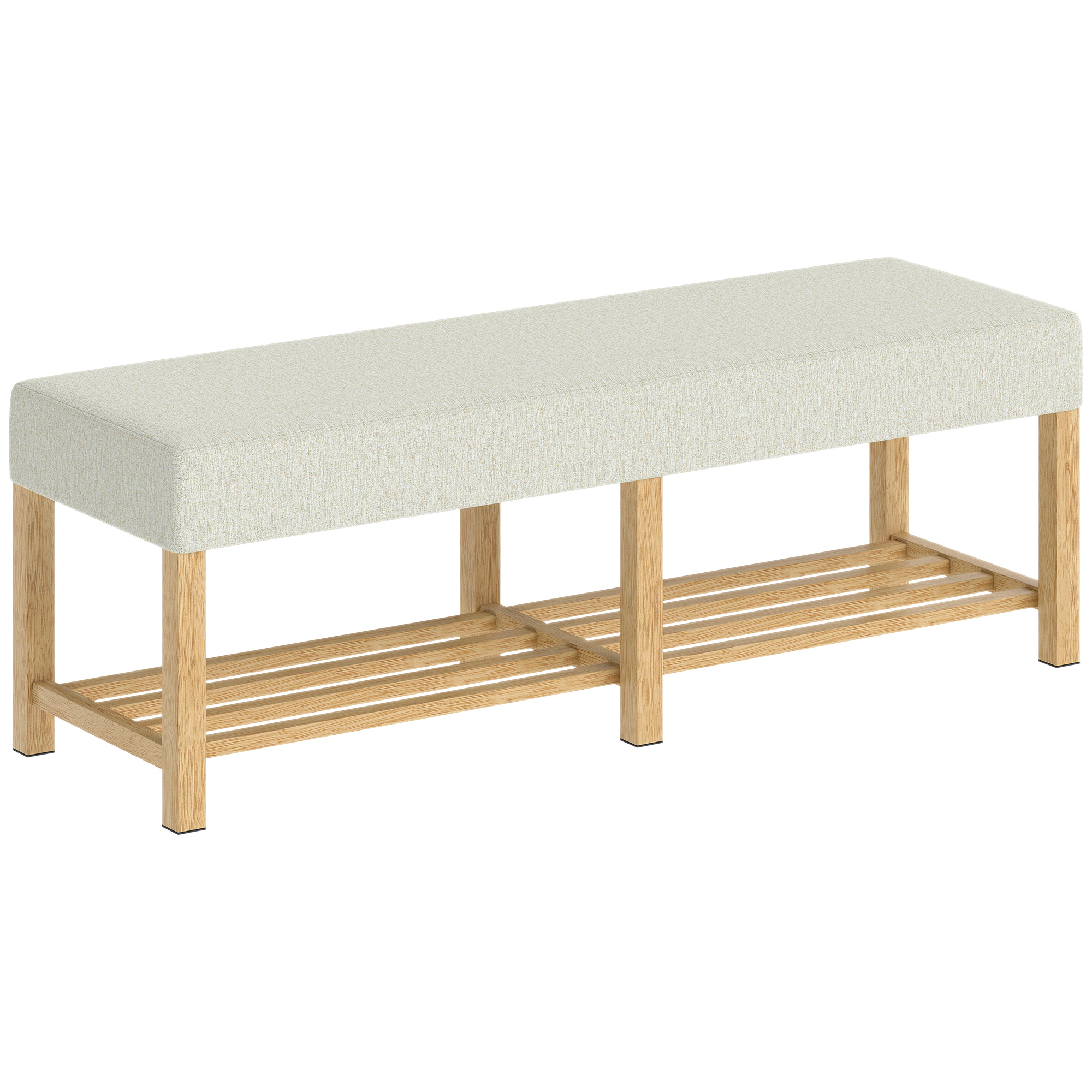 140 cm Schuhbank aus Massivholz, moderne Flurbank mit gepolsterter Sitzfläche für zwei Personen, Naturholz und Cremeweiß