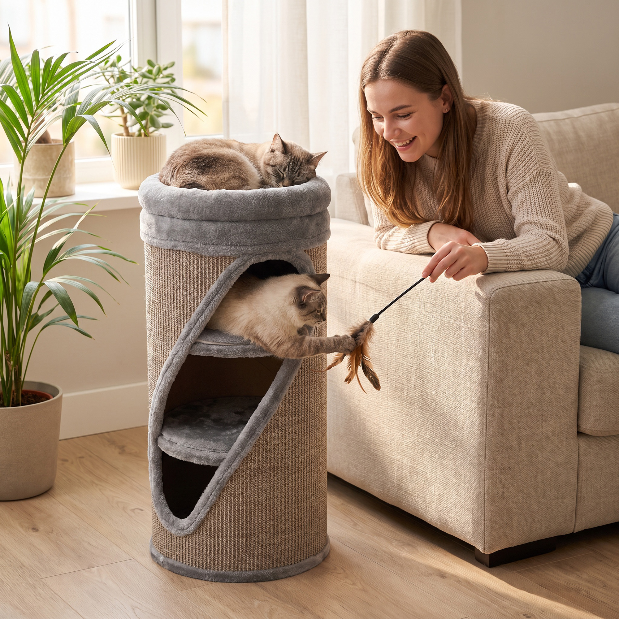 Kratztonne 75 cm Hoch Ø 35 cm 4-Stufige Katzentonne mit 3 Höhlen, abnehmbarem waschbarem Plüschbett Sisal-Kratzfläche