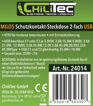 MILOS Schutzkontakt-Steckdose 2-fach - 250V~/16A, 1x UP, 2x USB C/PD, anthrazit