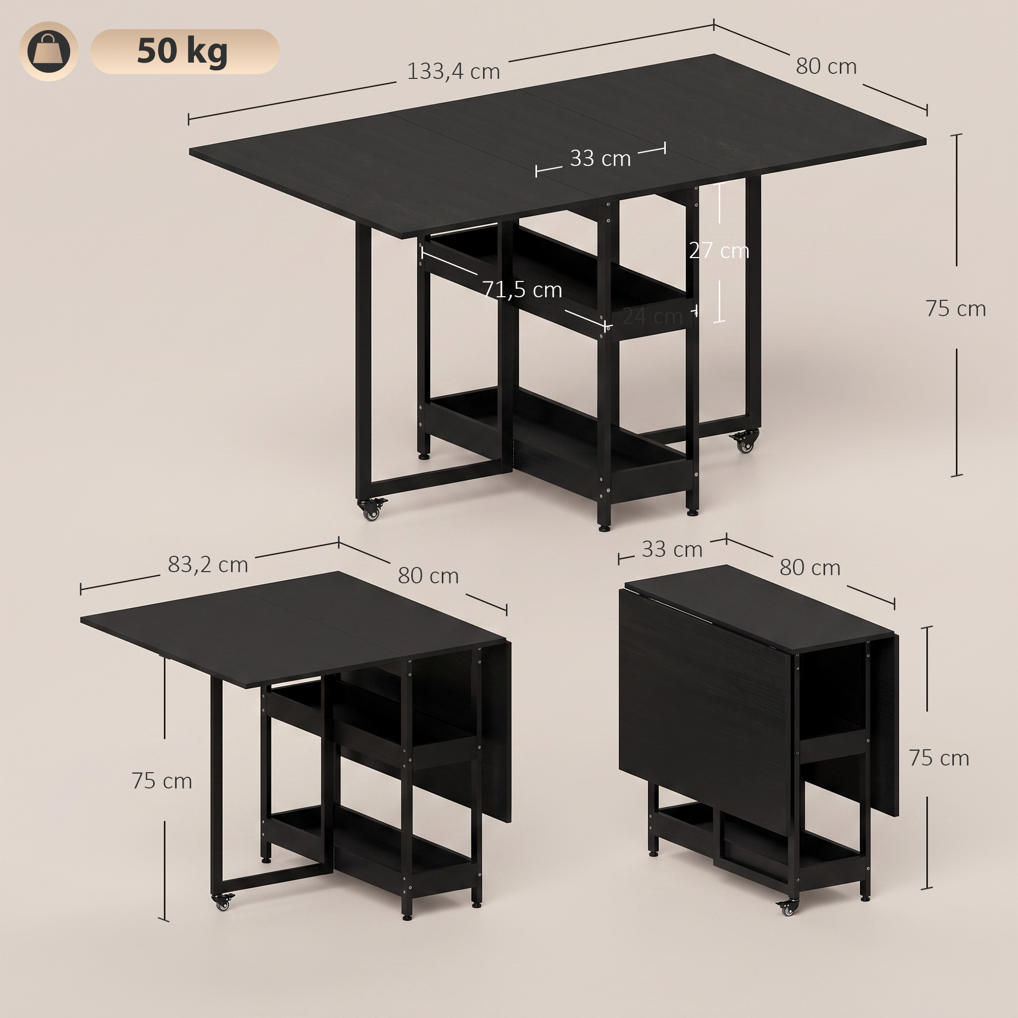 klappbarer Esstisch im Industriedesign, für bis zu 4 Personen, offene Regale, flexibel, Metall, Spanplatte, Schwarz