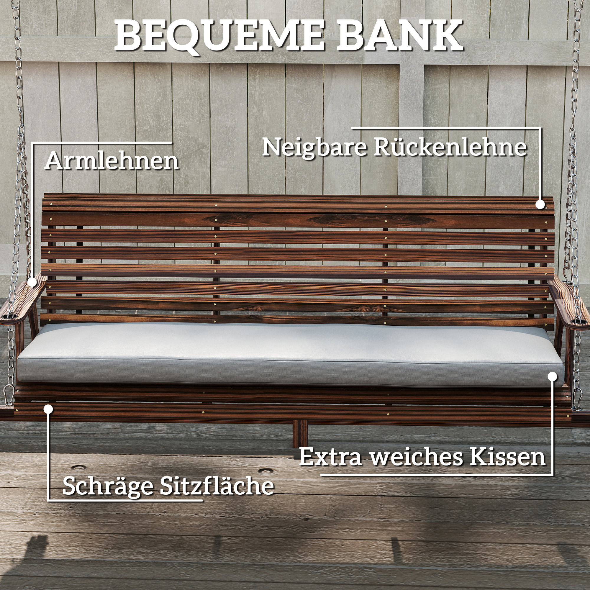 Hollywoodschaukel, 3-Sitzer Gartenschaukel aus Holz, Holzschaukel mit Sitzauflage Ablagen bis 330kg Verkohlt