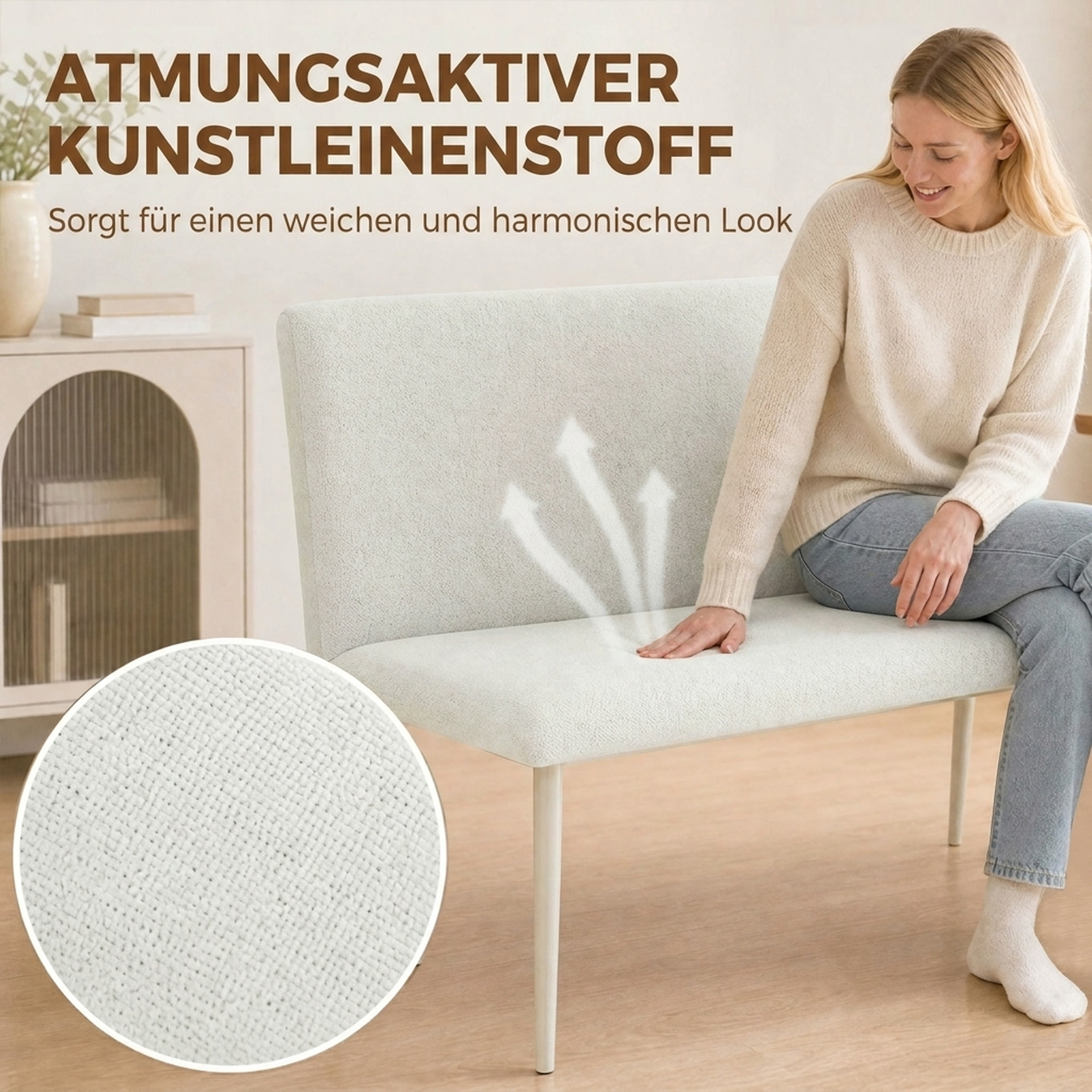 Esszimmerstuhl ohne Armlehnen, Stoff in Leinenoptik, Küchenstuhl mit Rückenlehne und Metallbeinen, für Wohnzimmer, Creme