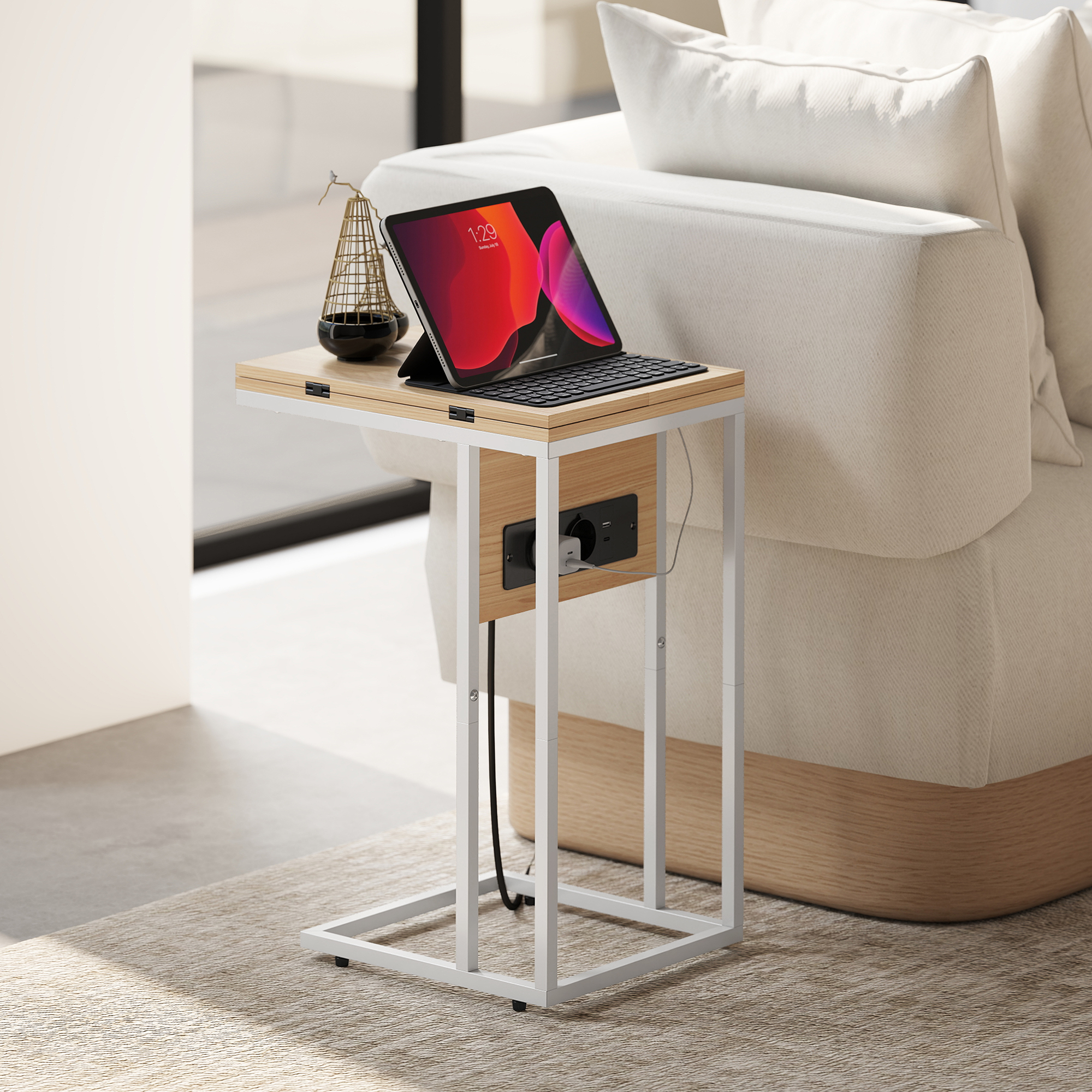klappbarer Beistelltisch, Ladestation mit USB-Ports, Metall, 39 x 29 x 57 cm, Holzfarben