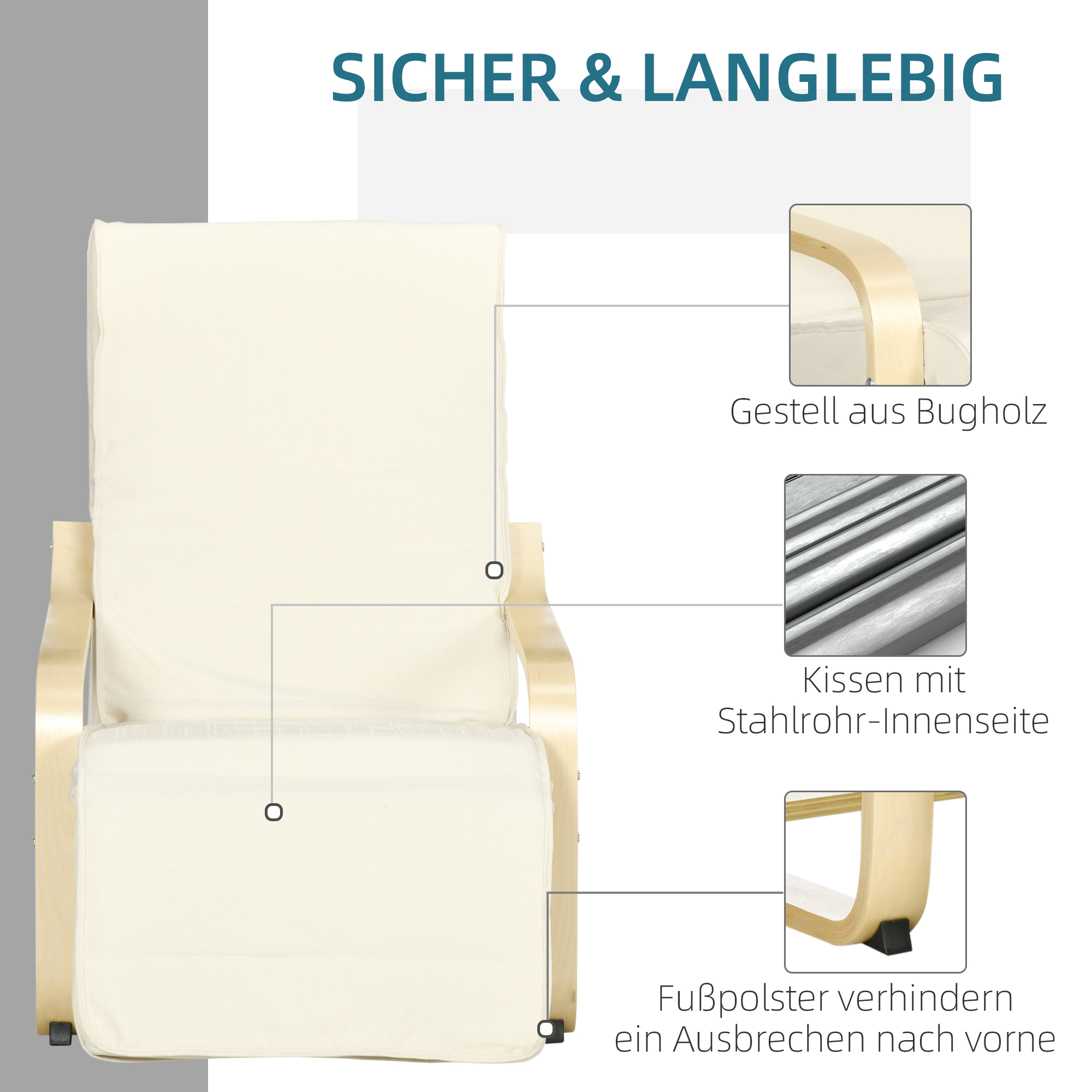 Liegestuhl mit Auflage, 5-stufige Fußstütze, Birkenholz, bis 120 kg, 66,5 x 94 x 100 cm, Cremeweiß