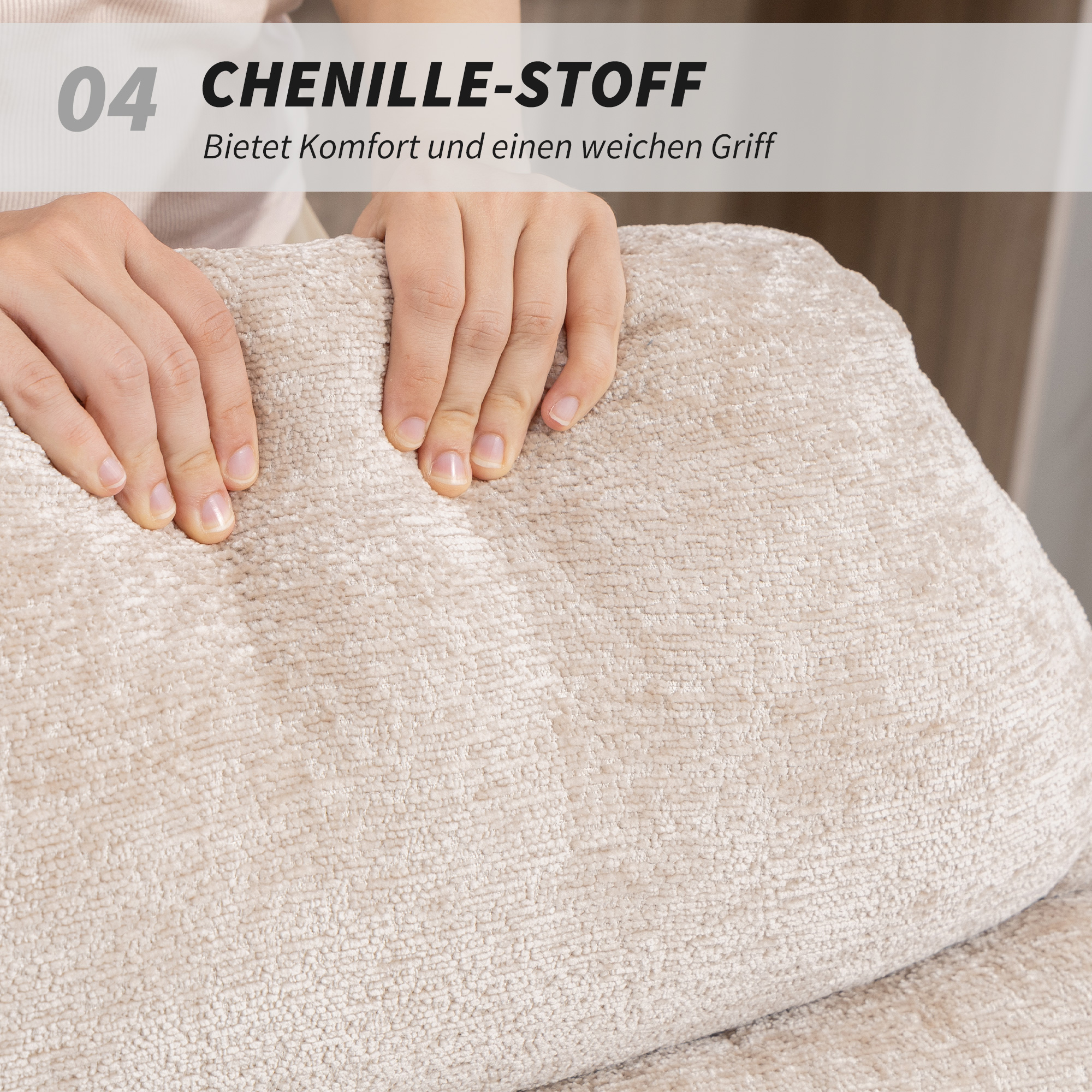 Gepolsterter Schaukelstuhl mit Stahlbeinen und Holzkufen, Cremeweiß