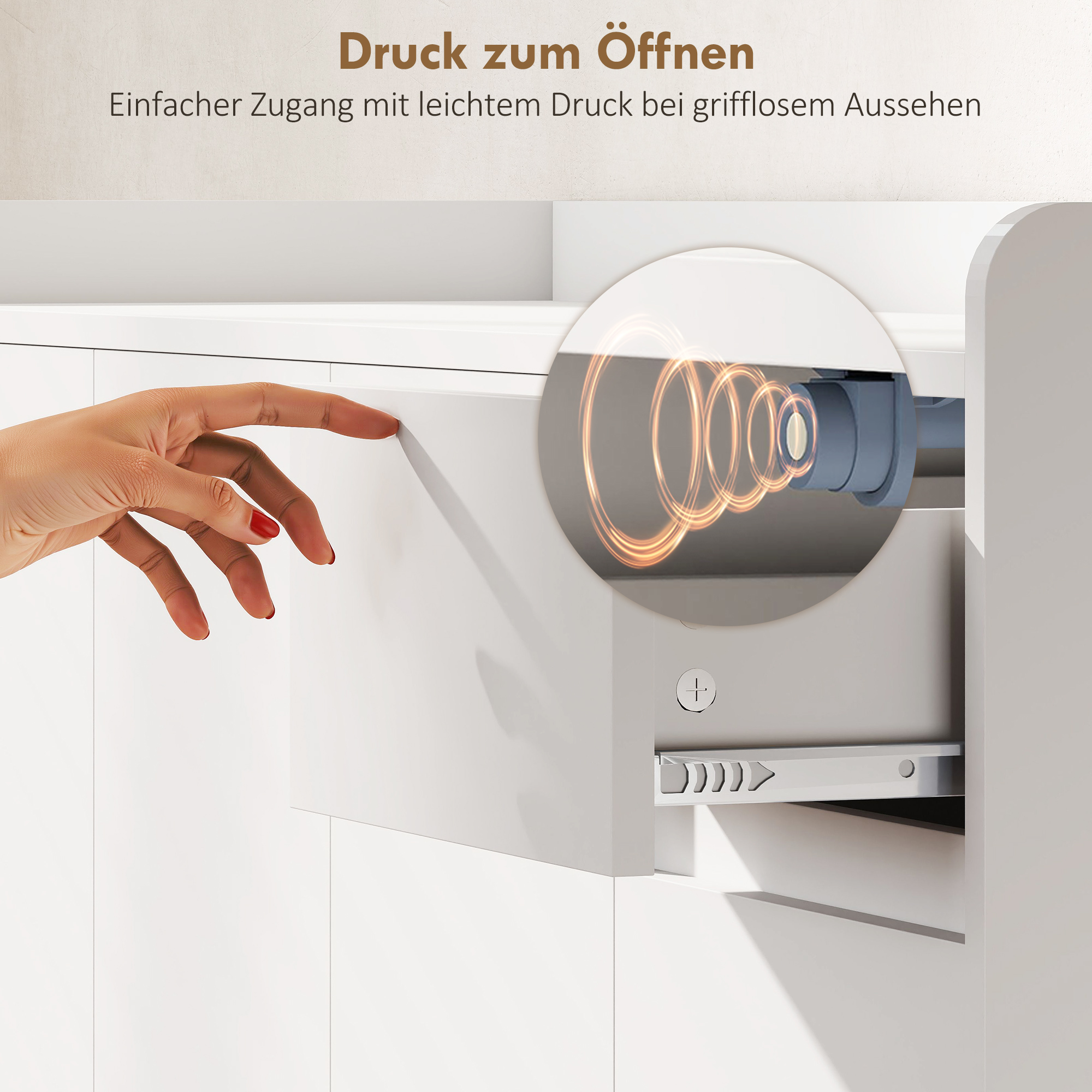 Schuhschrank mit grifflosem Design, 4 Türen, 4 verstellbare Regale, freistehendes Schuhregal mit 5 Holzbeinen, Holz, Weiß