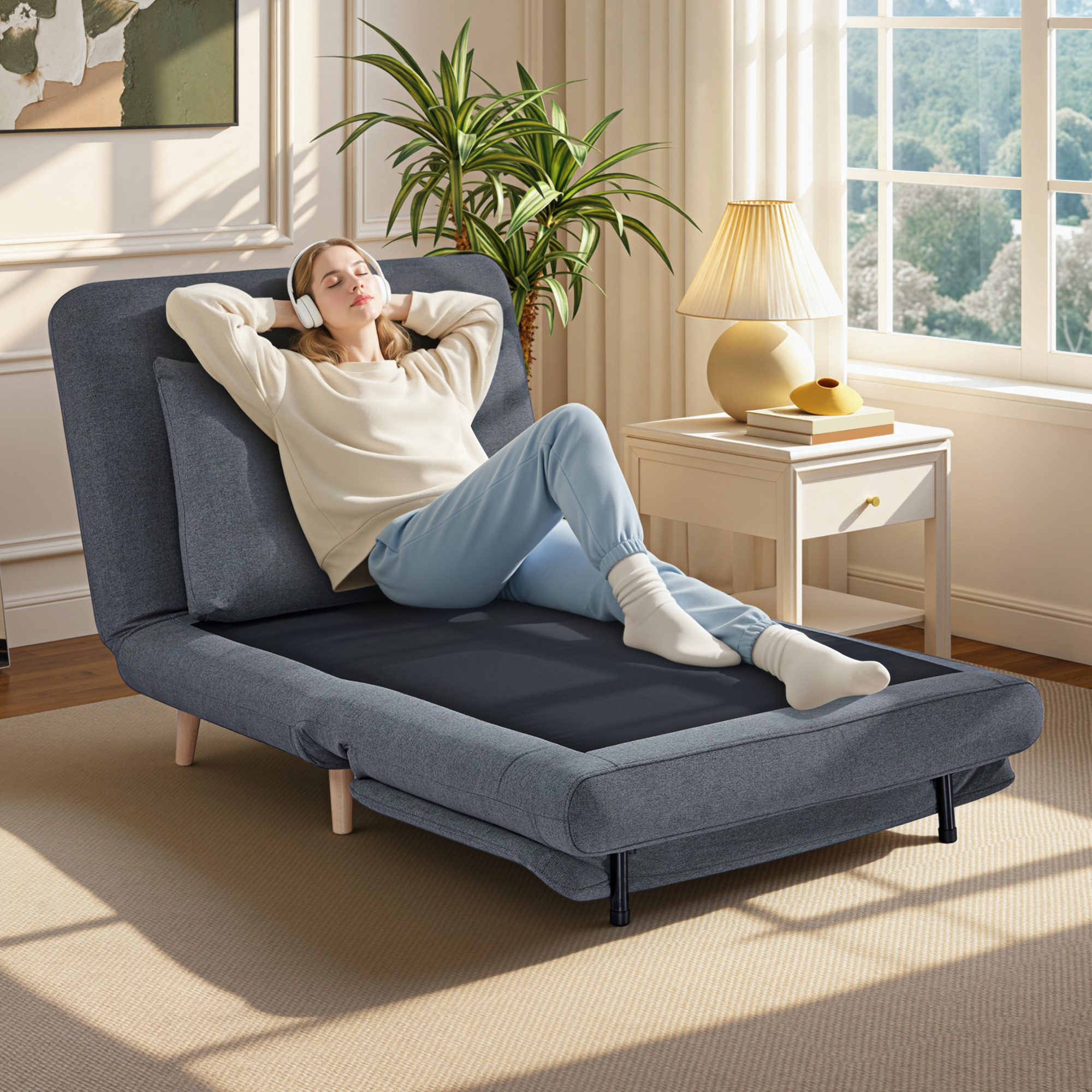 3-in-1 Schlafsessel mit Bett-Funktion, Liegesessel, verstellbare Rückenlehne, Buchenholzbeine, Kissen, Grau