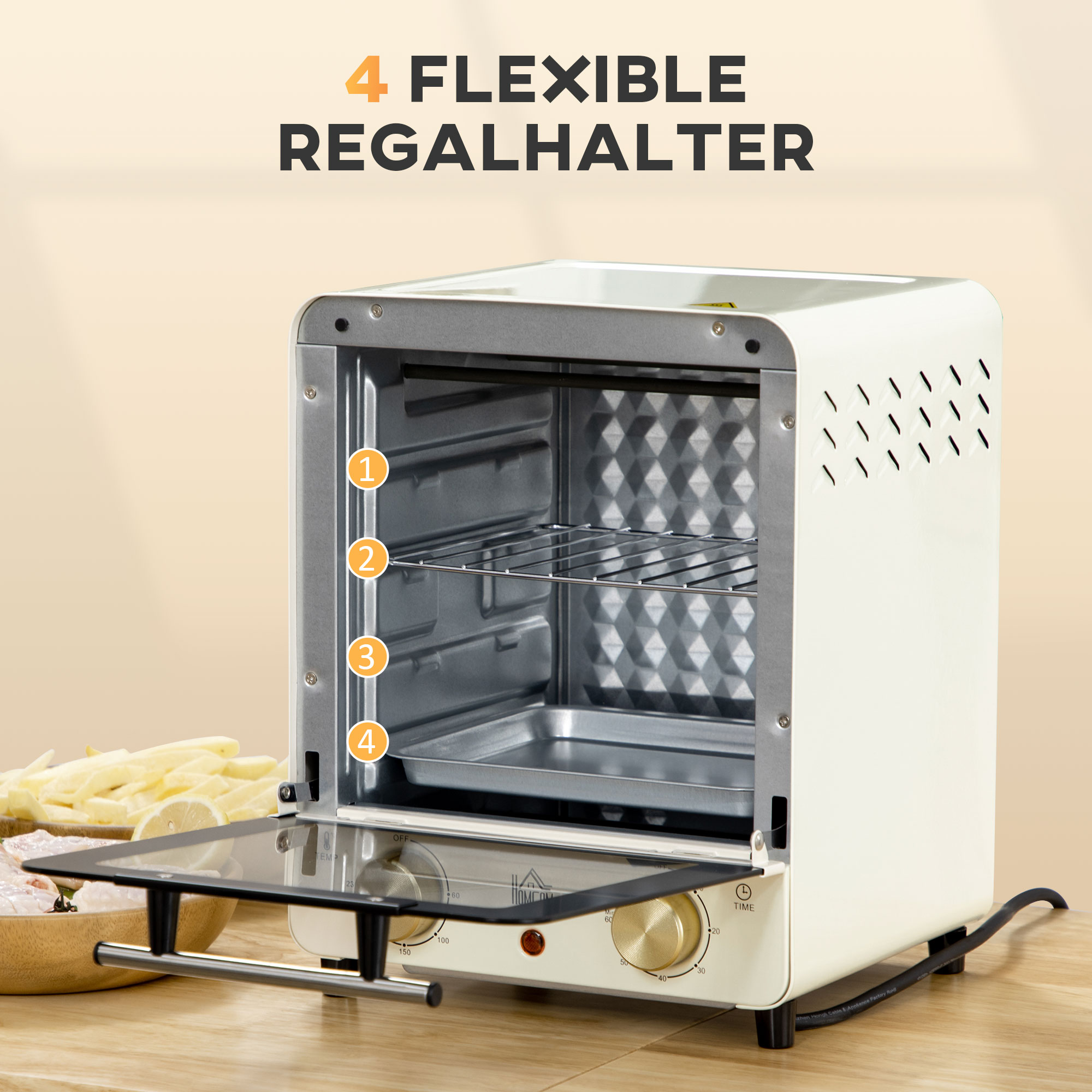 Mini Ofen 15L Fassungsvermögen, höhenverstellbares Backblech und Gitterrost, 1000W, Cremeweiß