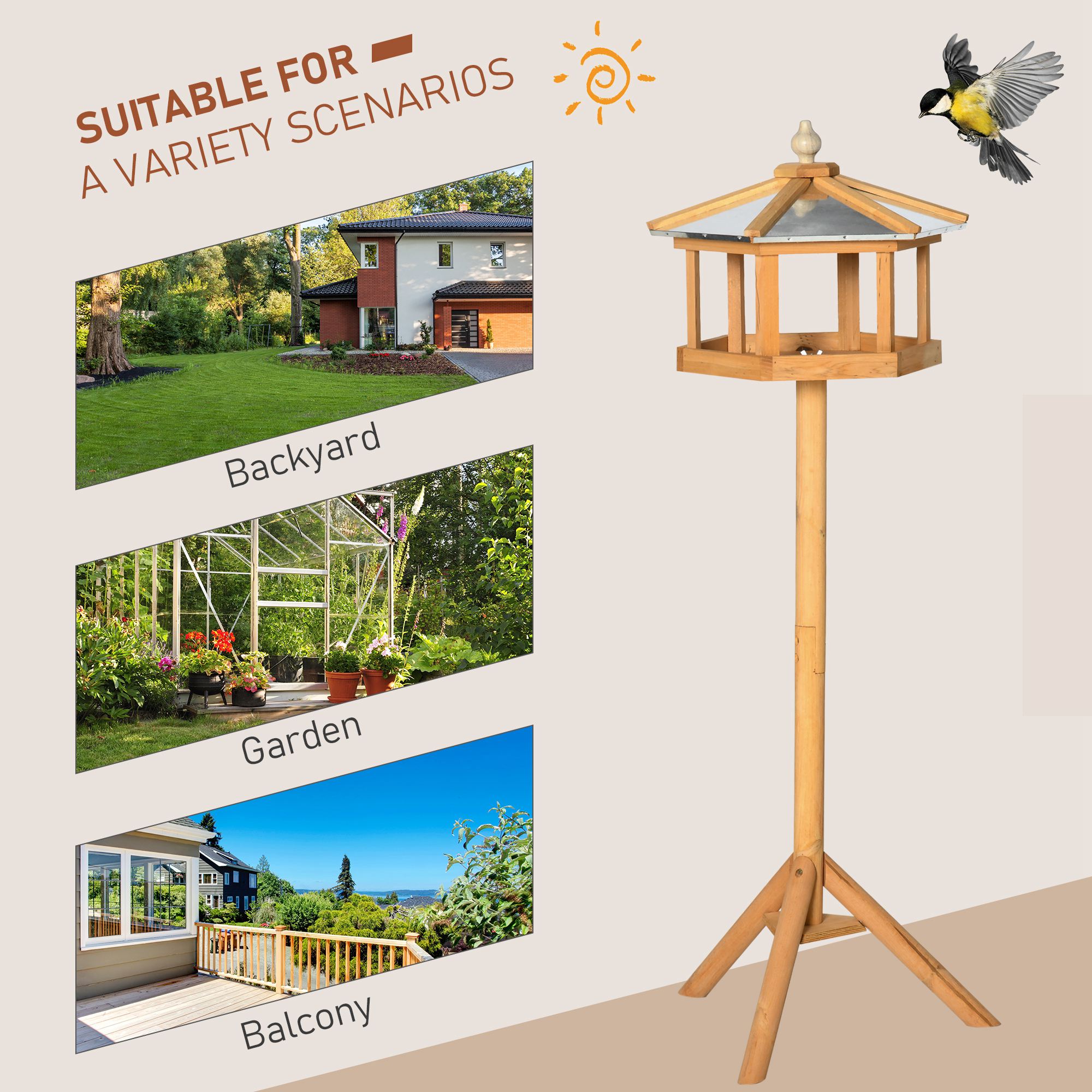 Vogelhaus mit Ständer wetterfestes Vogelfutterhaus mit wetterfestem Zinkdach Futterhaus aus Holz für Wildvögel 40 x 40 x 113 cm Gelb