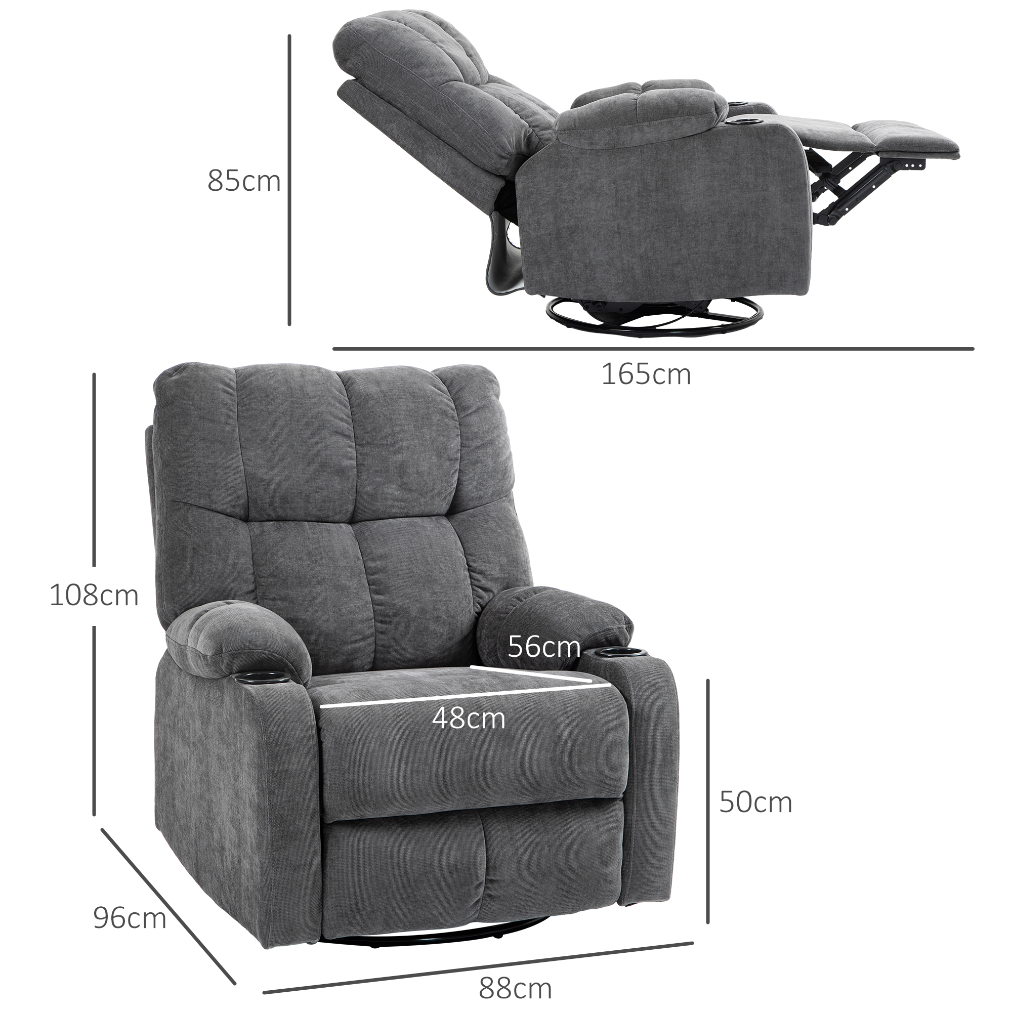 Relaxsessel mit Fußstütze, Liegesessel, drehbar, bis 150 kg, Stahlrahmen, 88x96x108cm, Dunkelgrau