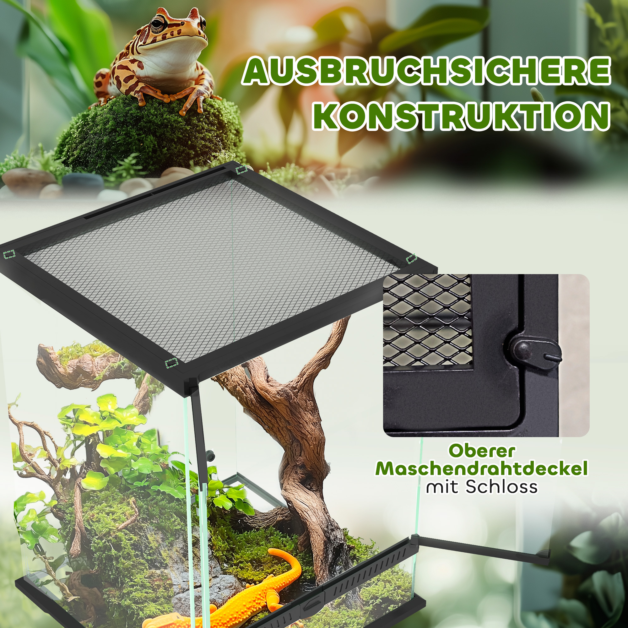 Terrarium, Glasgehäuse, verriegelbar, Kabelmanagement, 45x45x60cm, Schwarz