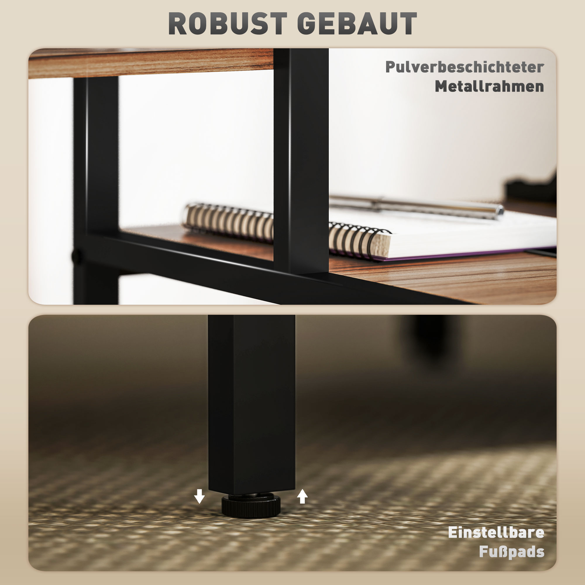 Computertisch mit Monitorständer, Schreibtisch mit 4-stufigem Regal, Industrielles Design, Braun
