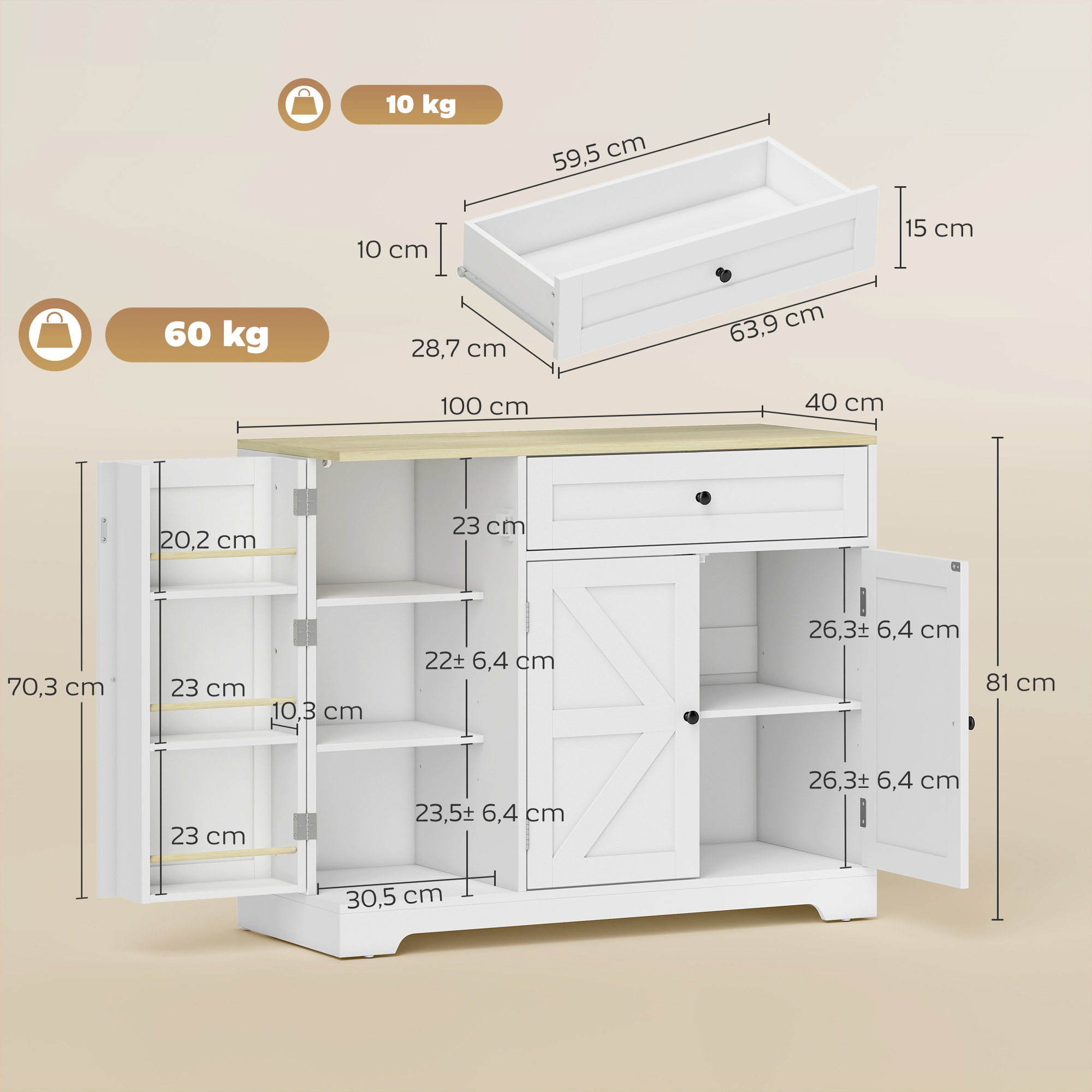 Sideboard, Landhausstil Küchenschrank mit Schiebetüren, 1 Schublade, 2 verstellbaren Einlegeböden, Türregalen