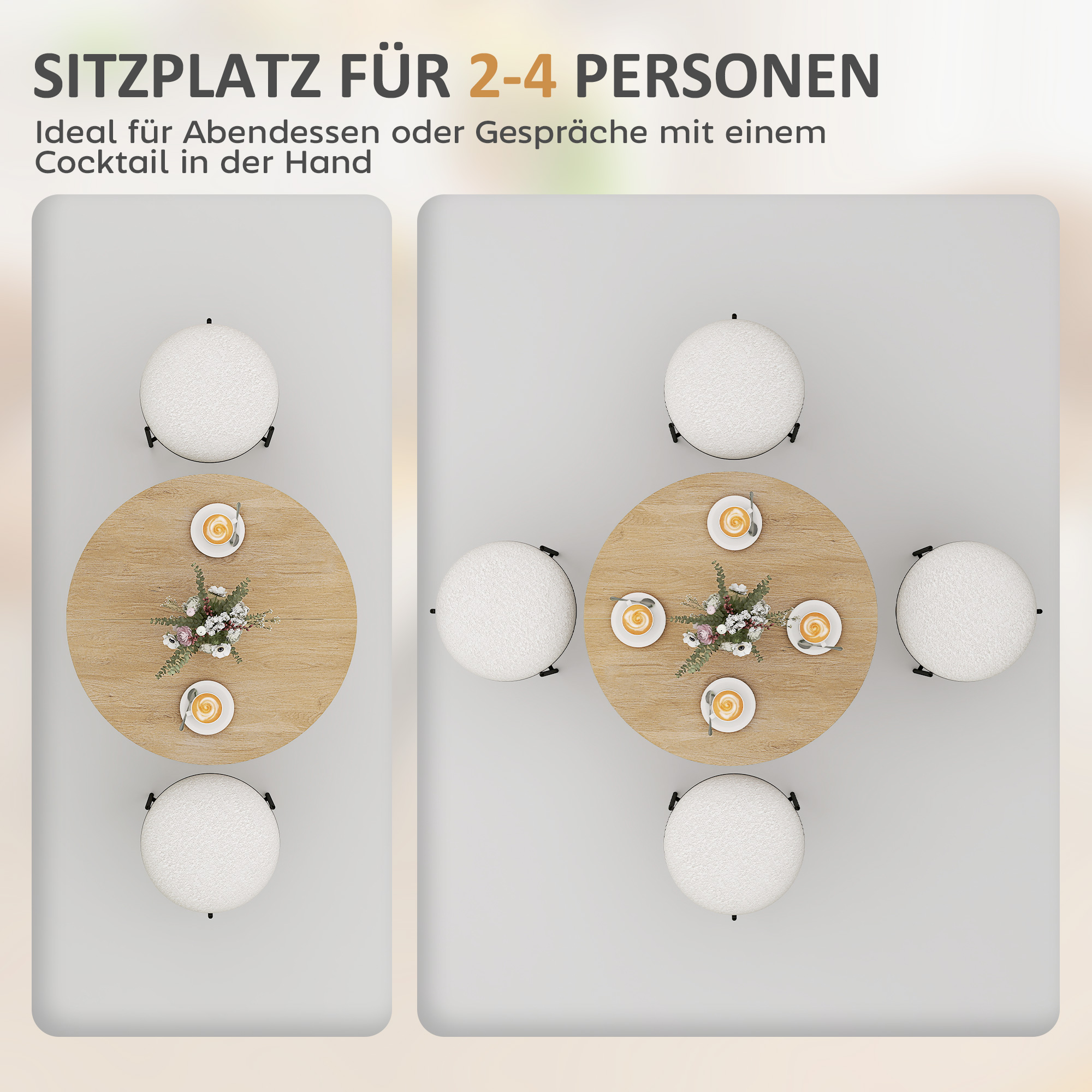 Runder Küchentisch, 80 cm, kompakte Tischplatte, Spanplatte, Metall, Weiße Eiche+Schwarz