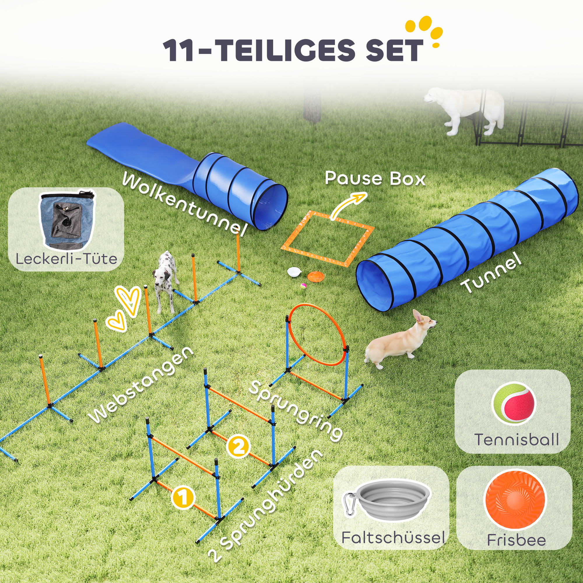 Agility Set Hunde 11-teilig Agility-Ausrüstung für Hunde mit 2 Tunnel Höhenverstellbar Sprungring & Hürden Slalomstange