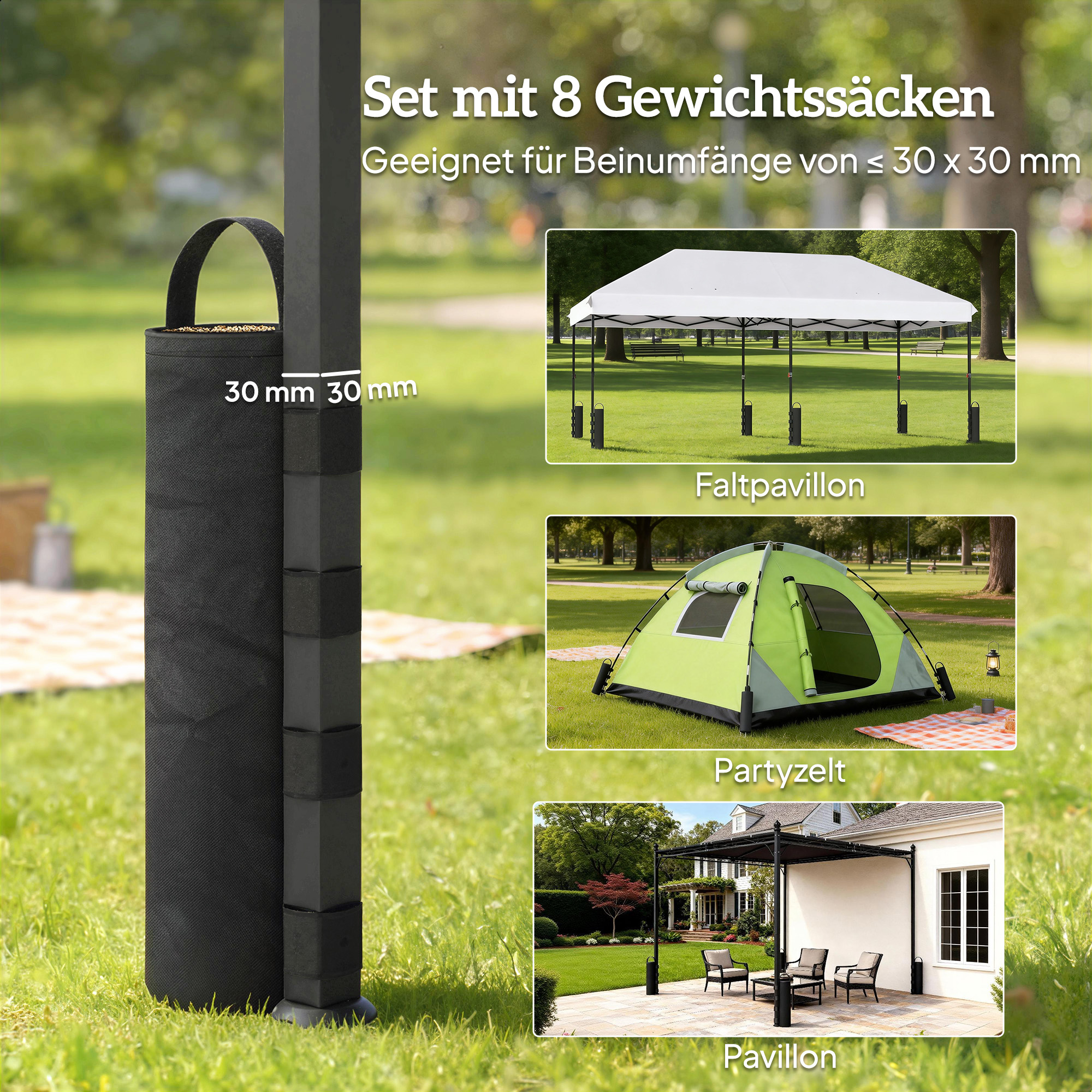 8er-Set Sandsäcke für Pavillonfüße, 40 kg strapazierfähige Sandsäcke aus 600D Oxford-Gewebe, ohne Sand, Schwarz