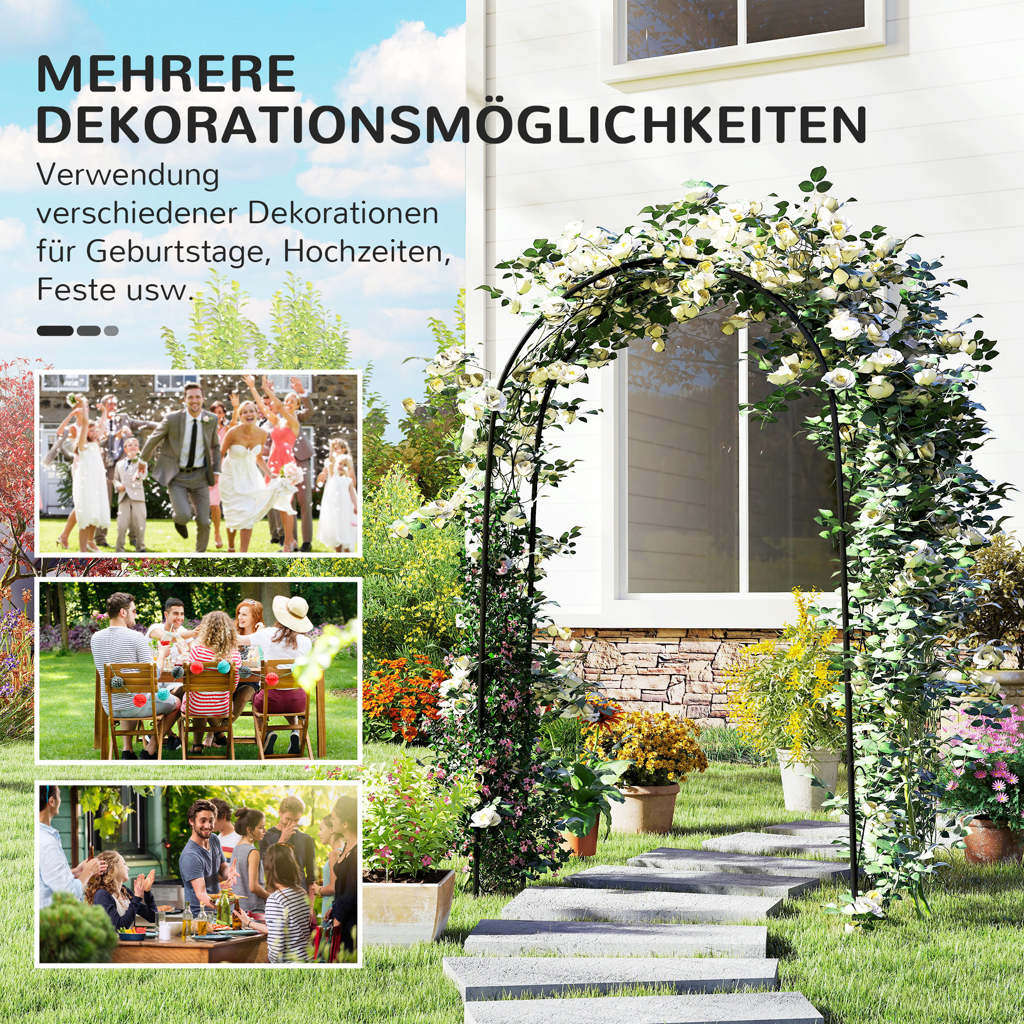 Rogenbogen Gartenbogen Torbogen, Vintage Design, 125 x 37 x 230 cm, Schwarz