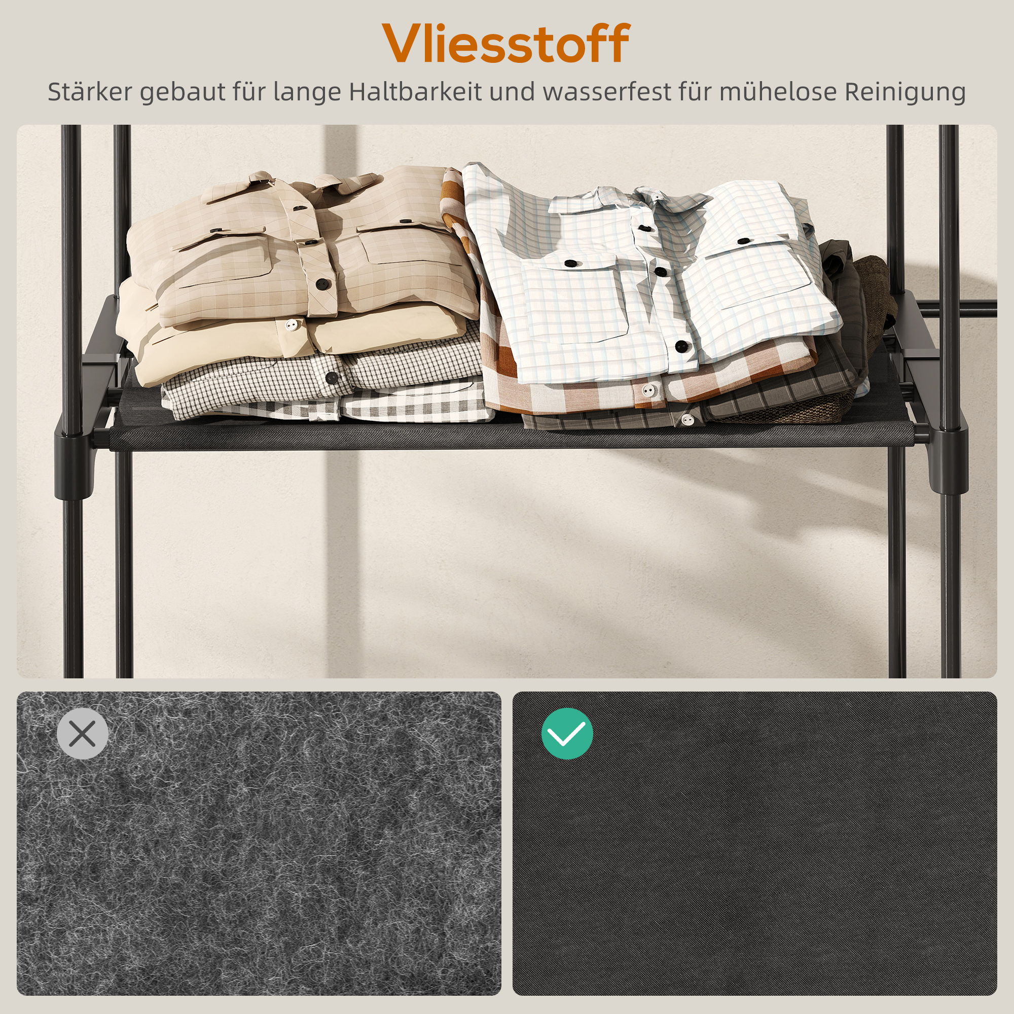 Tragbarer Kleiderständer, Metallrahmen, Stoffregale, viel Platz, Schwarz