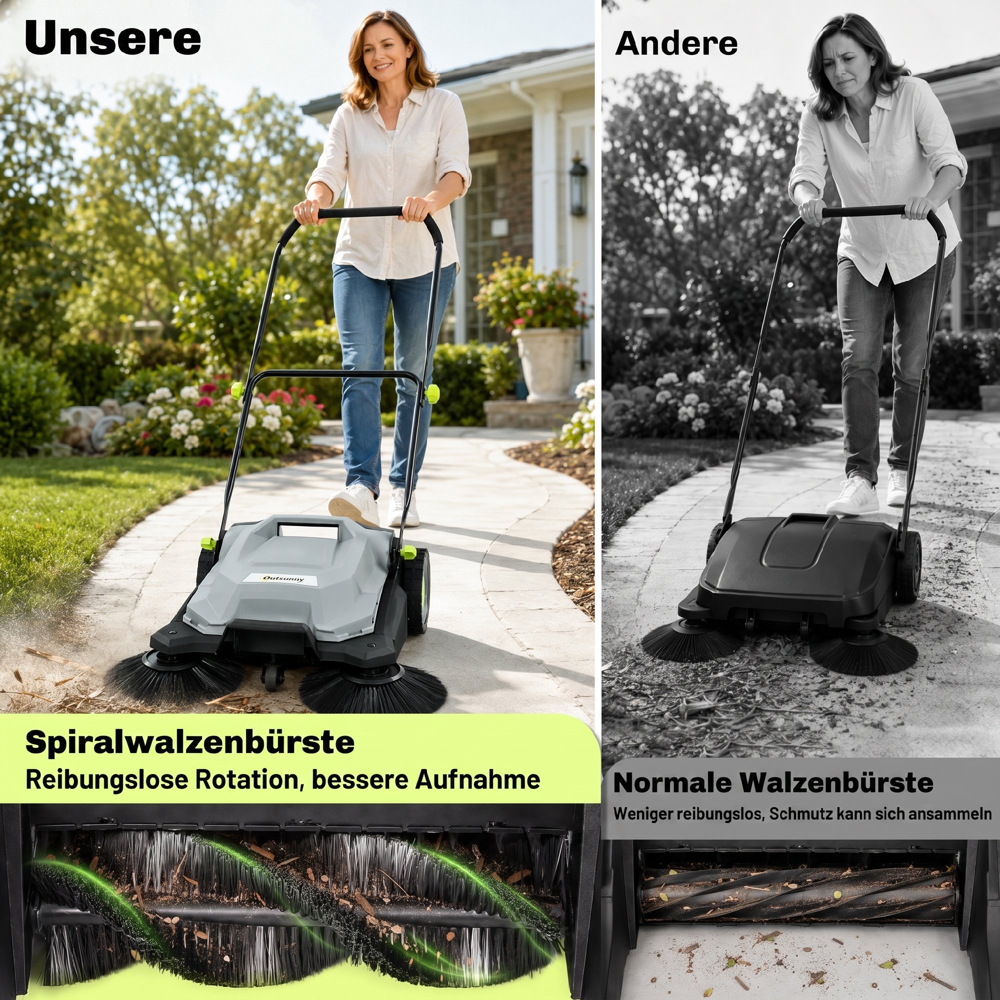 Kehrmaschine manuell mit 68 cm Kehrbreite, 24 L Schmutzbehälter, Höhenverstellbar klappbar Griff 3-Bürsten-Kehrsystem