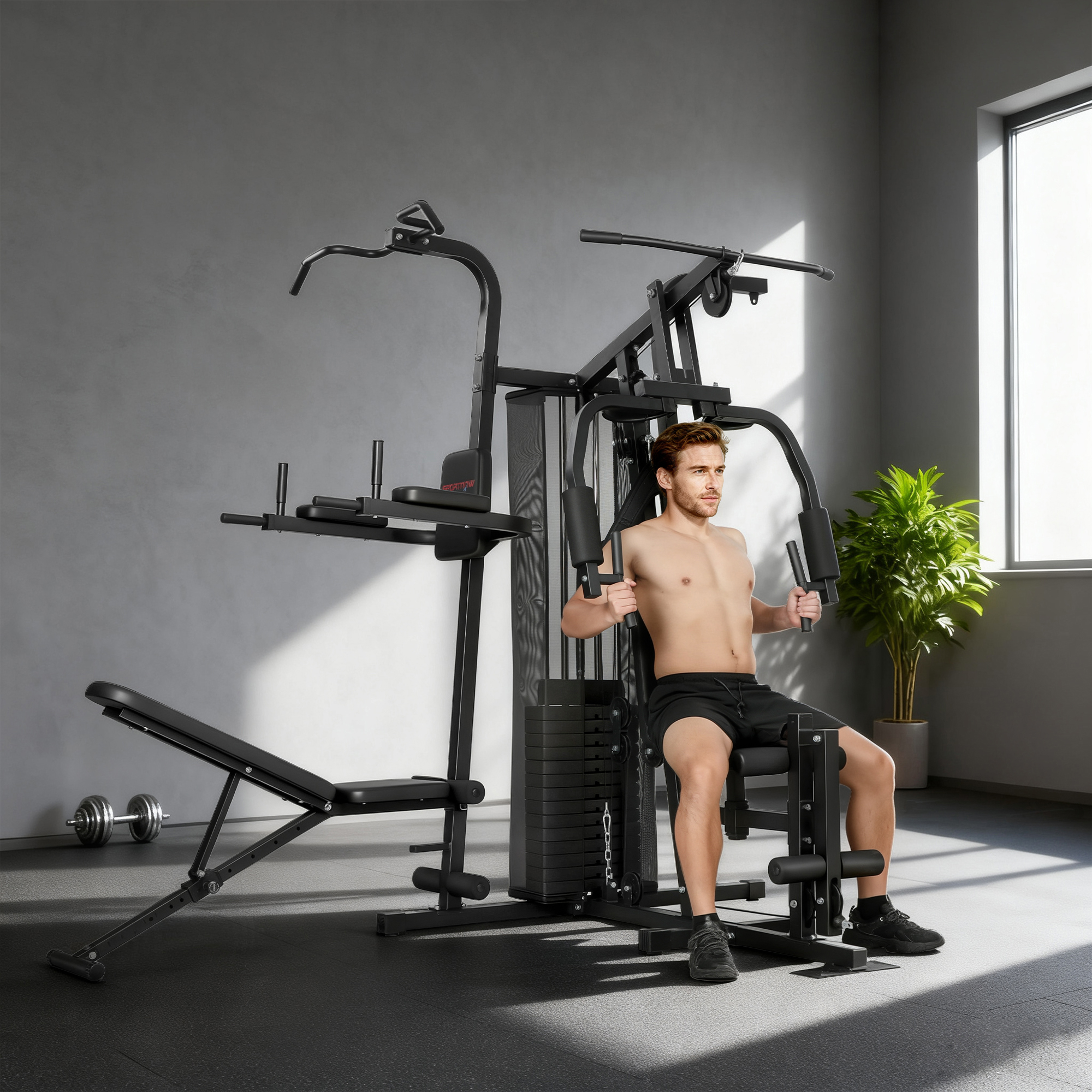 Multifunktions-Trainingsstation, Heimfitness-Maschine für über 10 Übungen, Gewichte, anpassbare Fitnessbank, Schwarz