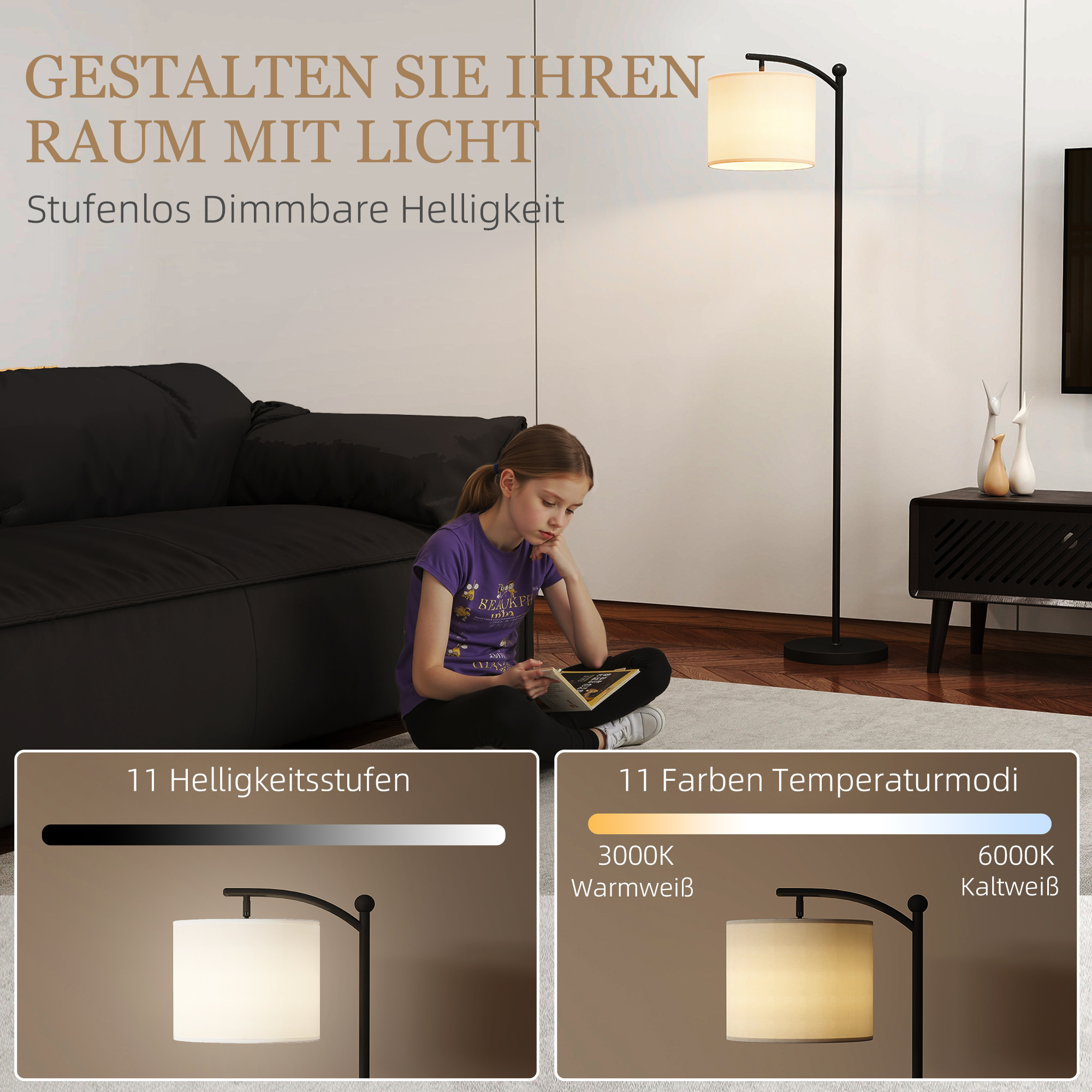 Stehlampe, verstellbare Lichtoptionen, Fußschalter, Fernbedienung, Metall, Schwarz