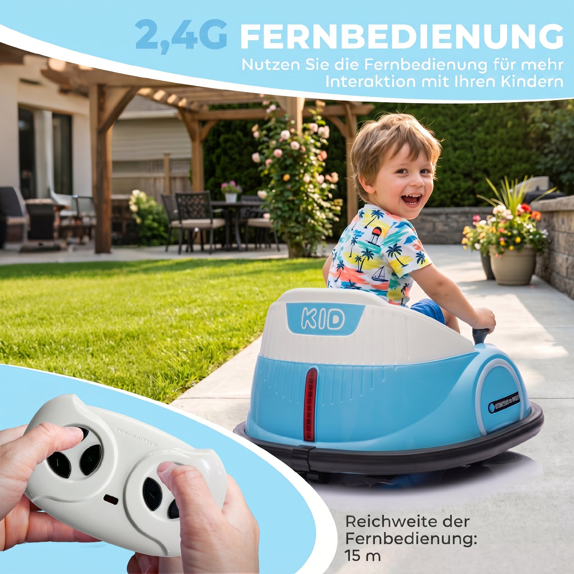 Autoscooter, 360° Rotation, 2 km/h Geschwindigkeit, Sicherheitsgurt, LED-Lichter, Musik und Hupe, Blau