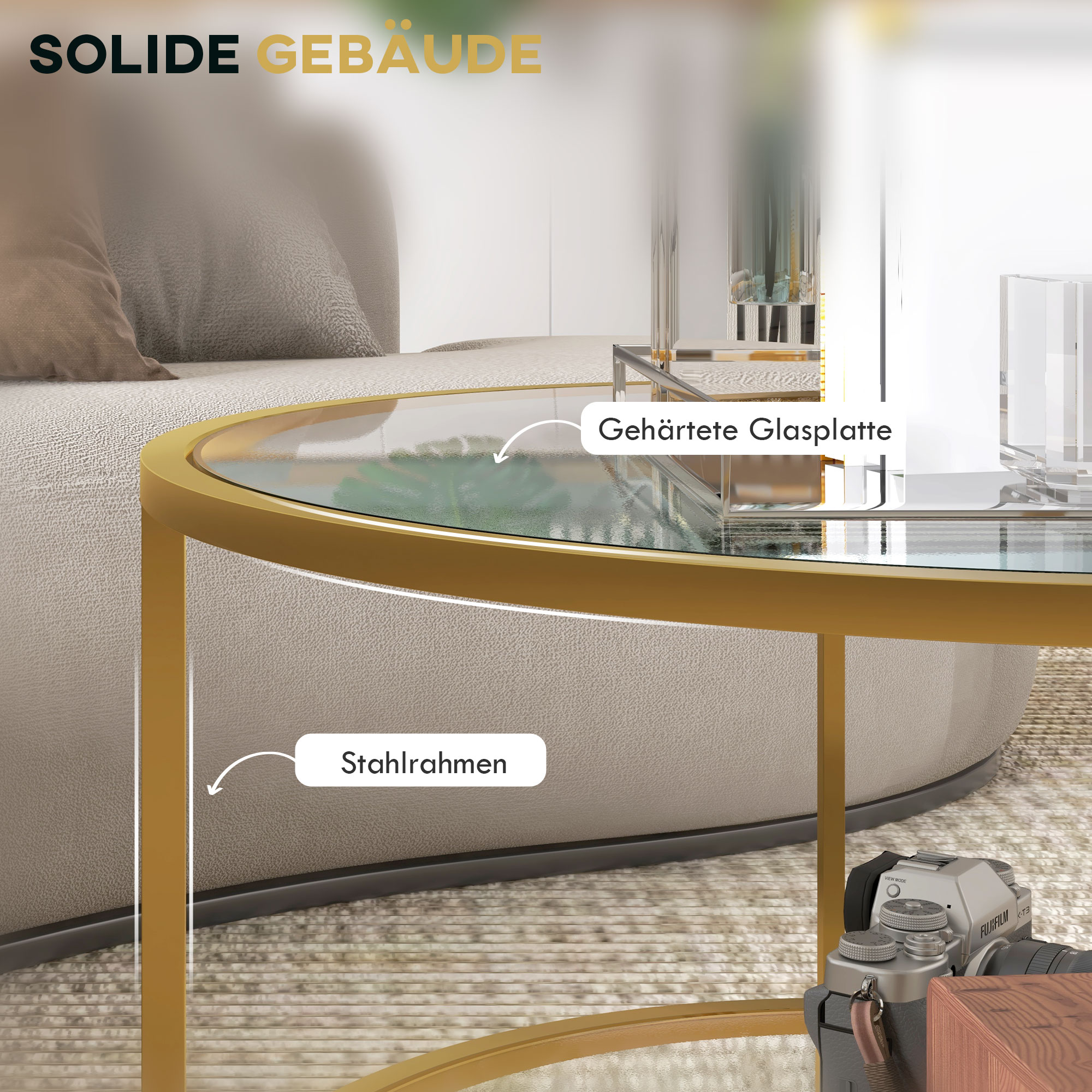 Beistelltisch, modernes Design, 2 Etagen, Ø60x43H cm, Goldton