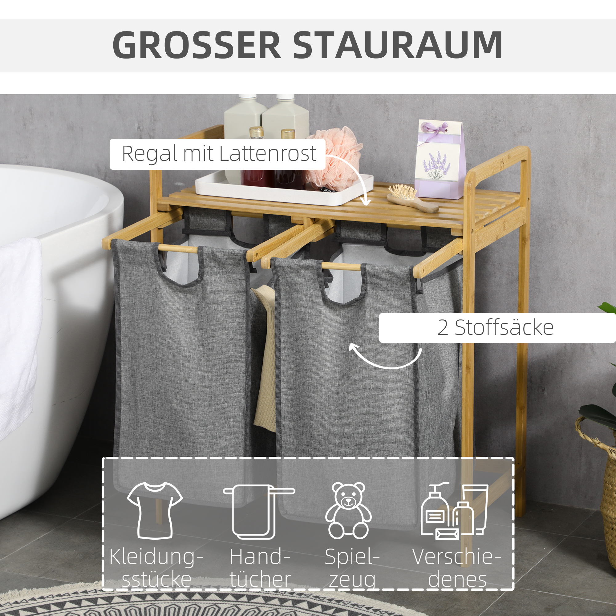 Wäschesammler Wäschekorb, 2 Wäschesäcke, 2 Griffe, Bambus, 63,5 x 33 x 73 cm, Grau + Natur