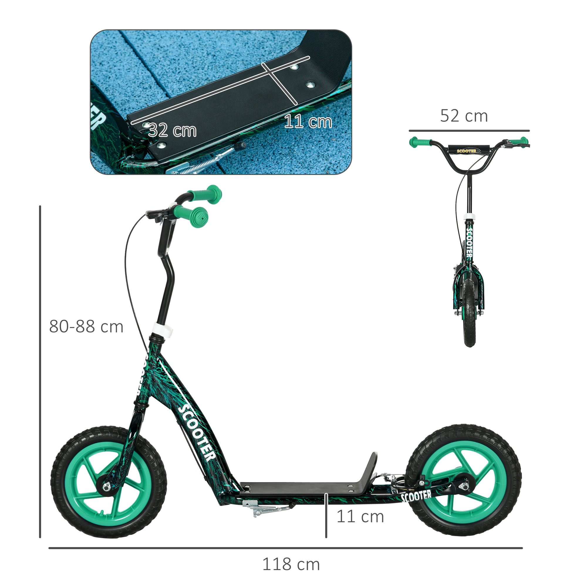 Kinderroller, höhenverstellbarer Tretroller für Kinder, mit Bremse, Ständer, 2 Räder, Stahl, Grün