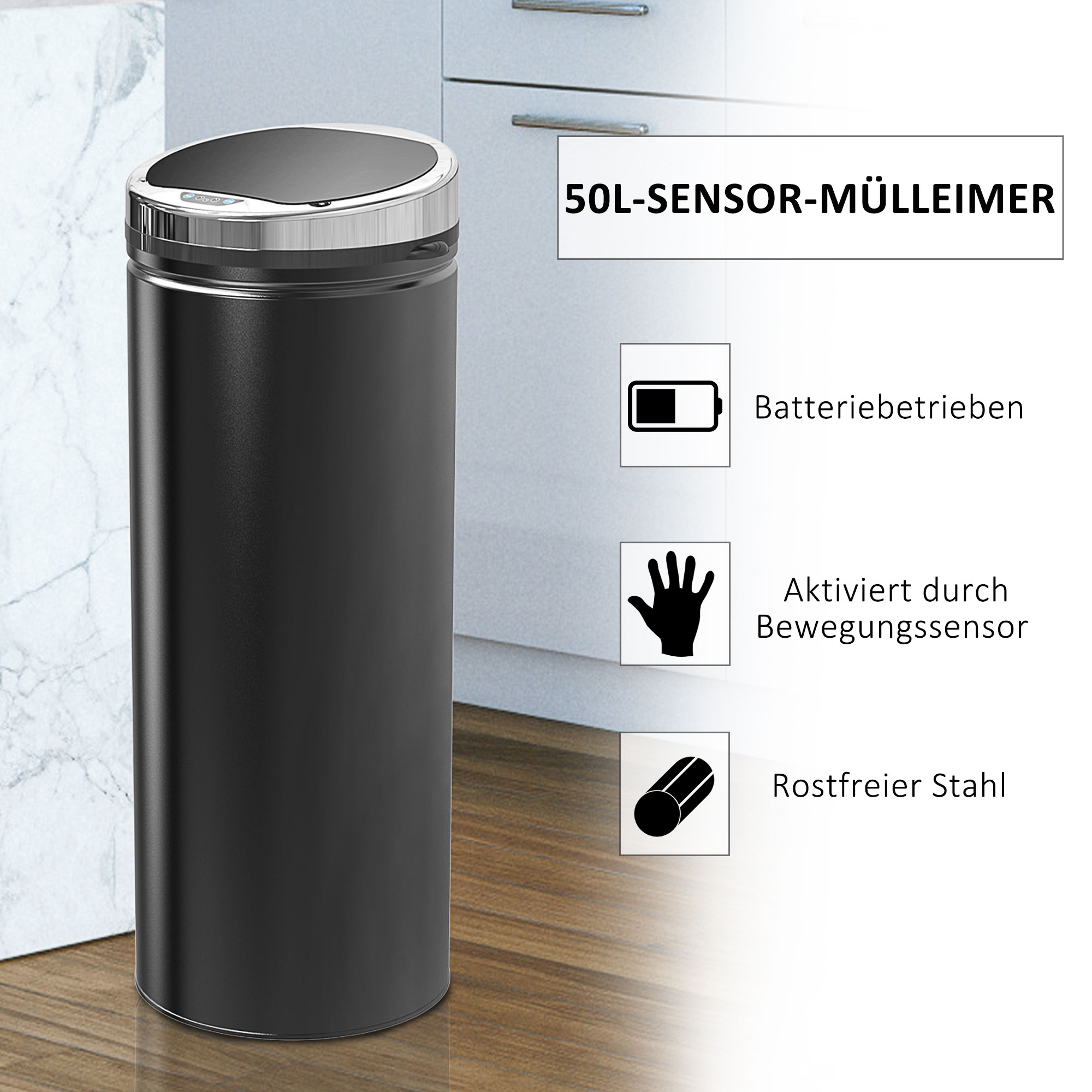 Abfalleimer mit Bewegungssensor, rostfreier Stahl, 30,5 cm x 30,5 cm x 81,5 cm, Schwarz