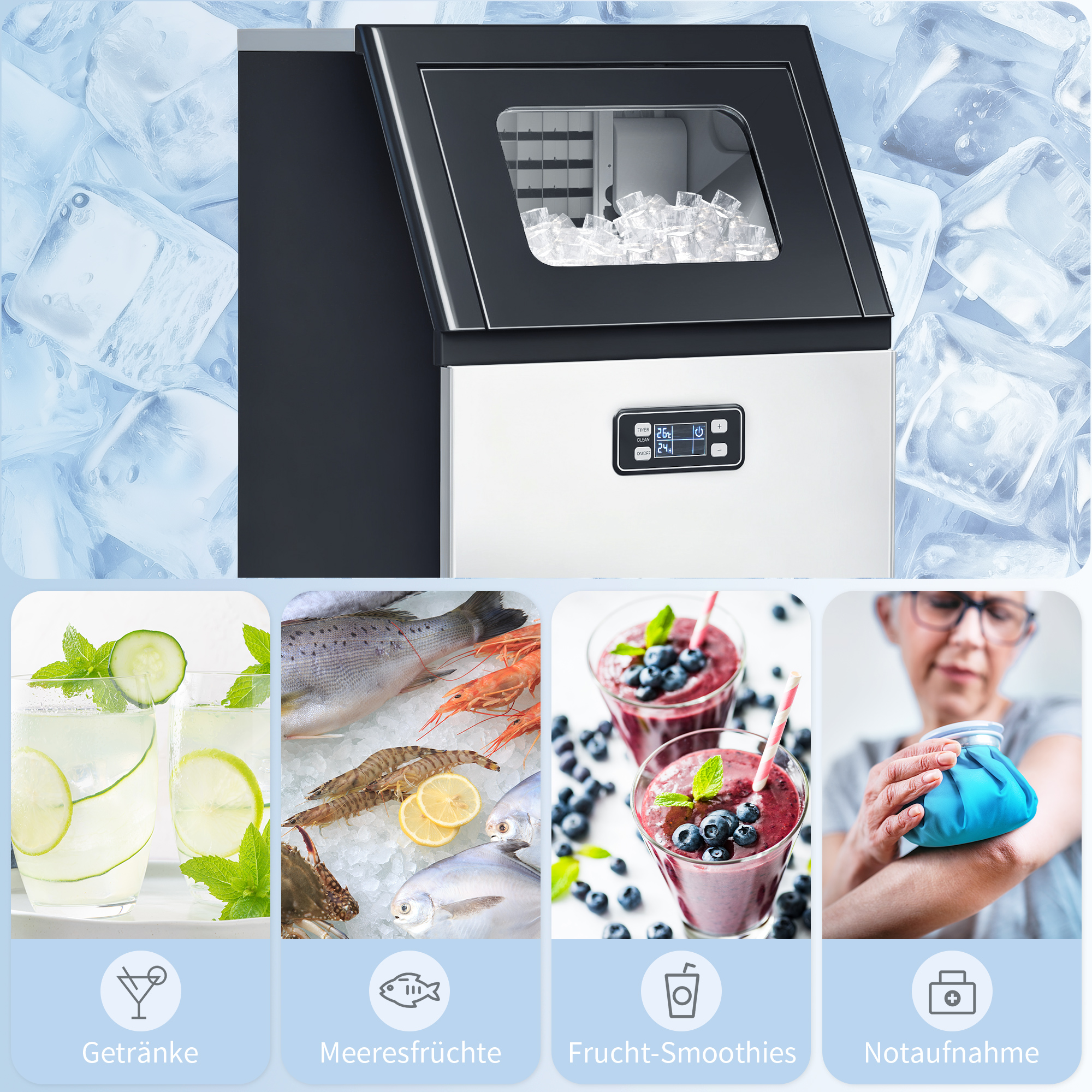Eiswürfelmaschine 45 kg/24H Eismaschine mit 11 kg Speicher, LCD-Anzeige für Restaurant