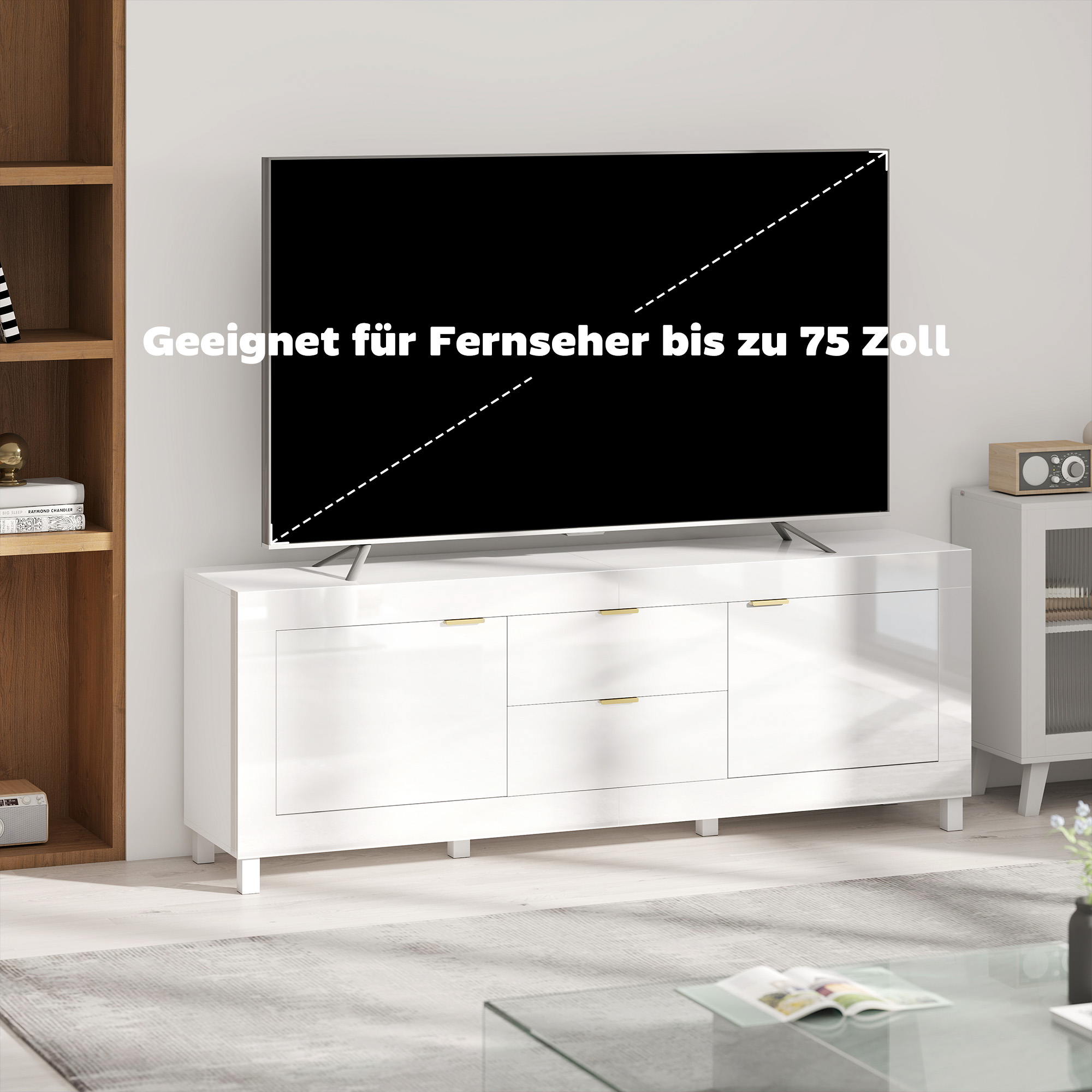 TV-Schrank für Fernseher bis zu 75 Zoll, modernes Entertainment-Center mit 2 Schränken und 2 Schubladen, Hochglanz Weiß