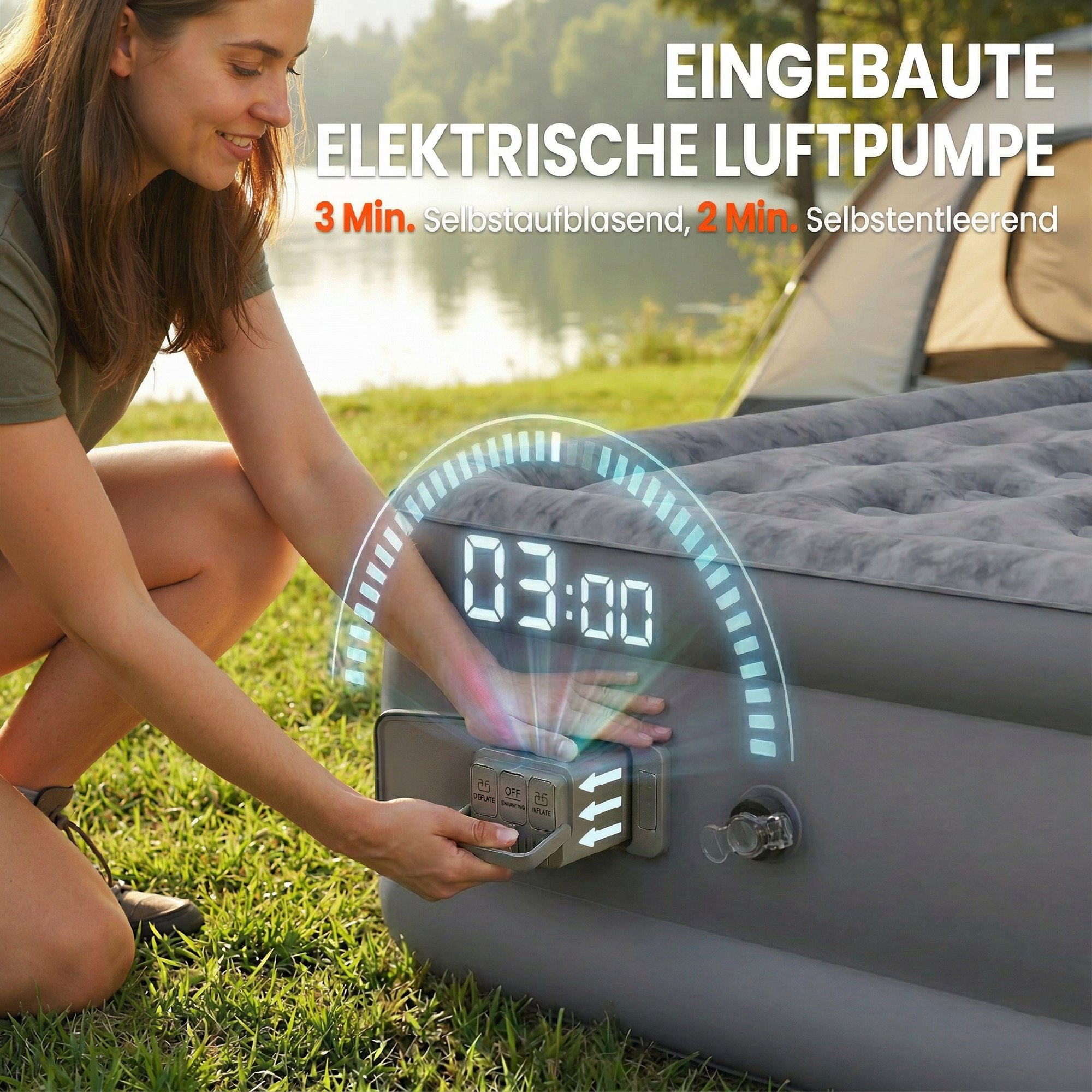 Luftmatratze, 1 Person, selbstaufblasend, Luftbett mit Integrierter elektrischer Pumpe in 3 Minuten Beflockte Oberfläche