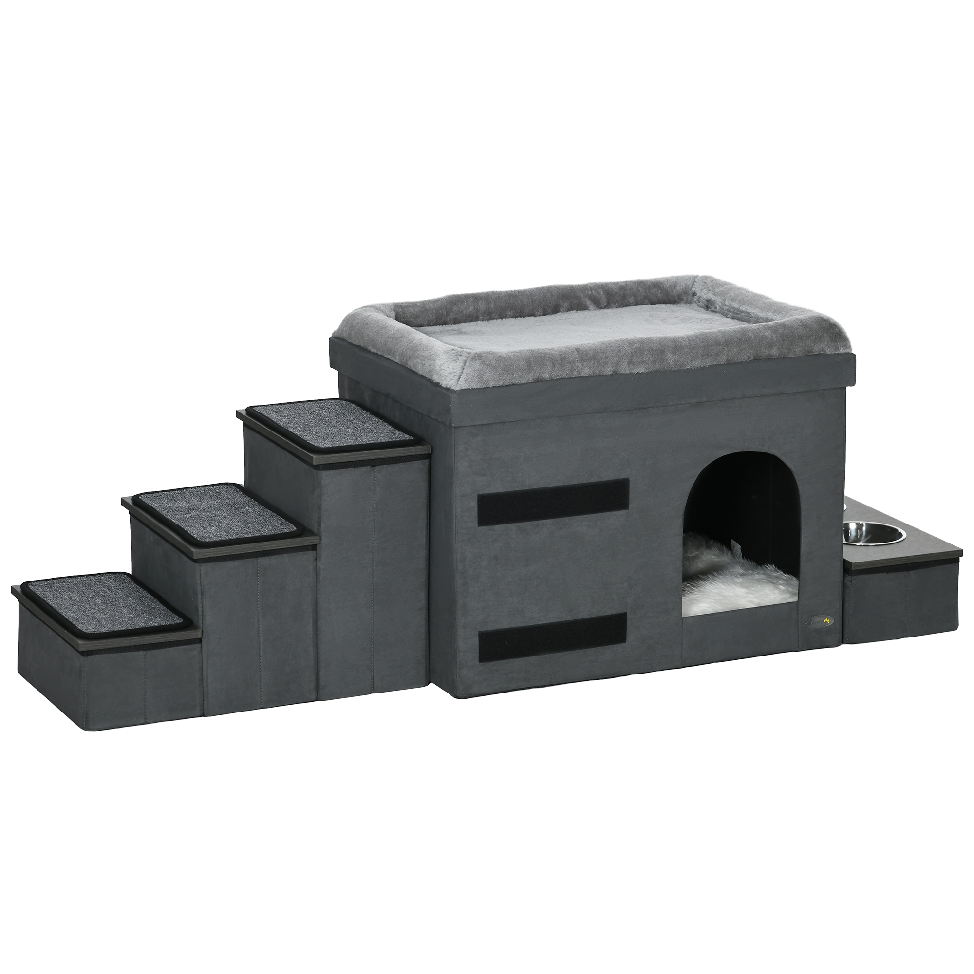 Katzenhaus Katzenhütte Katzenhöhle, 3 Haustiertreppen, 2 Fressnäpfe, 70 x 50 x 51, cm, Grau Katzenhaus Katzenhütte Katzenhöhle, 3 Haustiertreppen, 2 Fressnäpfe, 70 x 50 x 51, cm, Grau