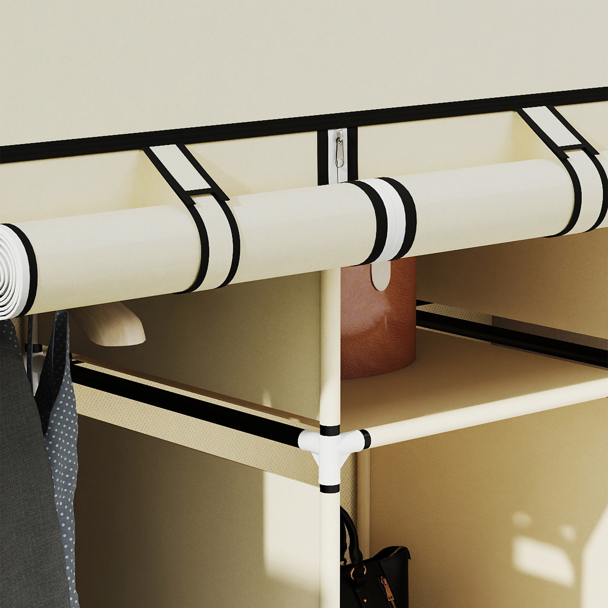 Schrank aus Stoff, Aufbewahrungslösung, 8 Regale, 2 Kleiderstangen, Cremeweiß