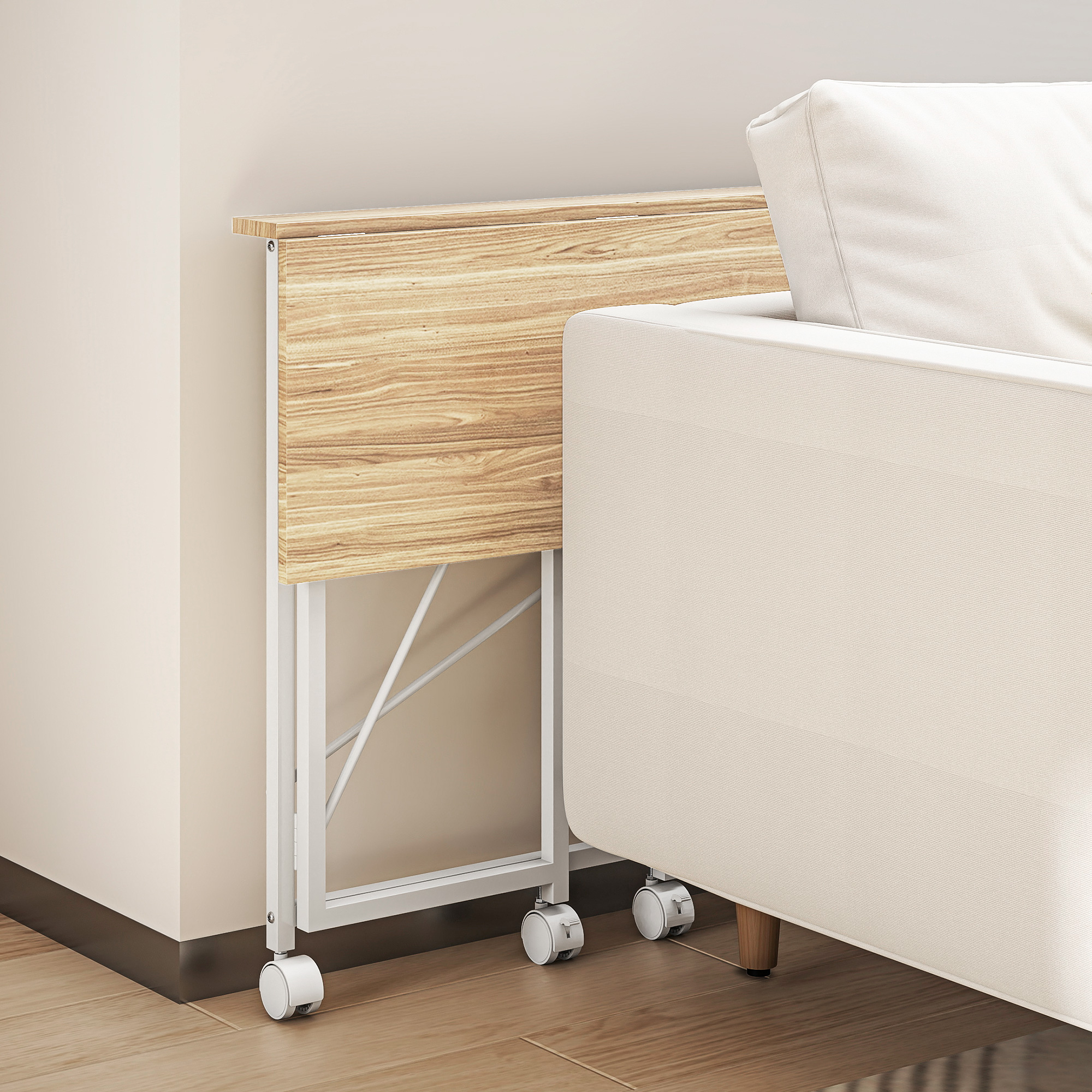 Klappbarer Schreibtisch mit Rädern, platzsparend, Stahl, MDF, Natur