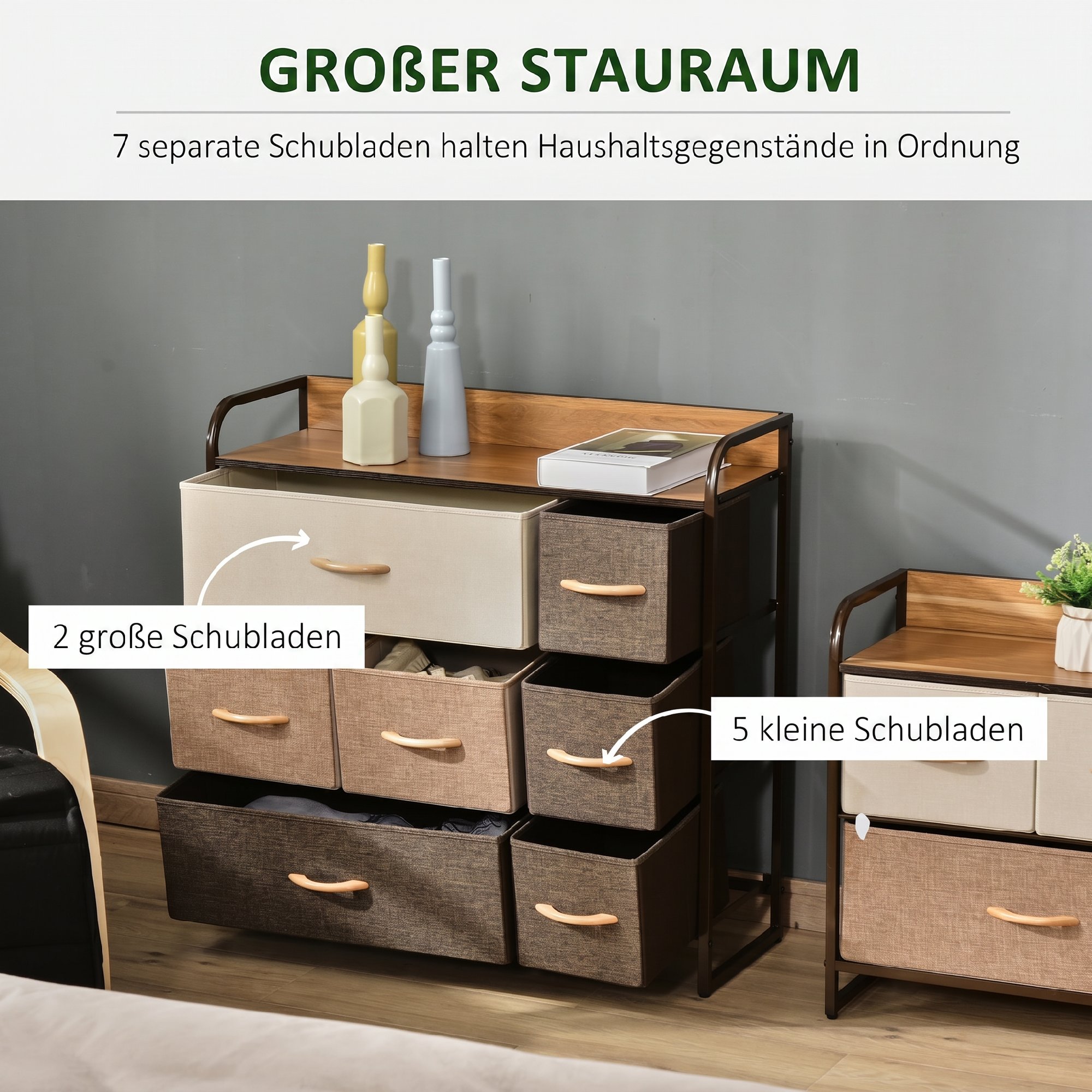 Kommode Schrank mit 7 Schubladen aus Leinen Schubladenschrank mit Metallrahmen für Wohnzimmer, 80x29x78,5 cm