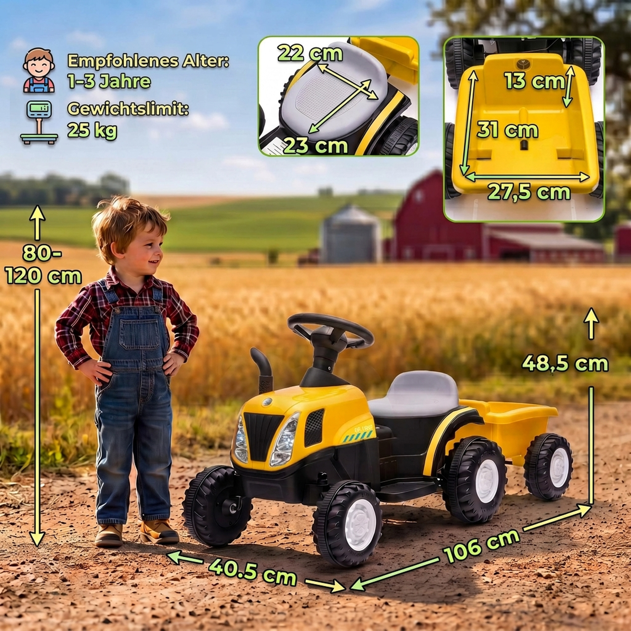Kinder Traktor mit abnehmbar Anhänger Aufsitztraktor mit Lithium-Akku Fußpedal, Musik, Hupe Licht, Gelb